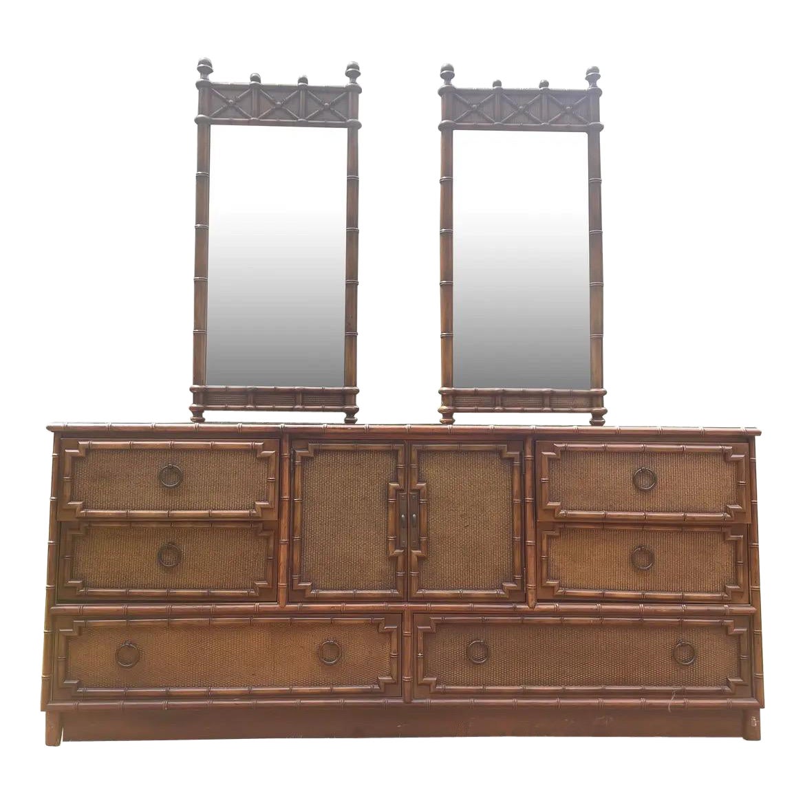 Bedroom Dresser Lowboy Faux Bamboo and Rattan Dresser by Drexel with Mirrors