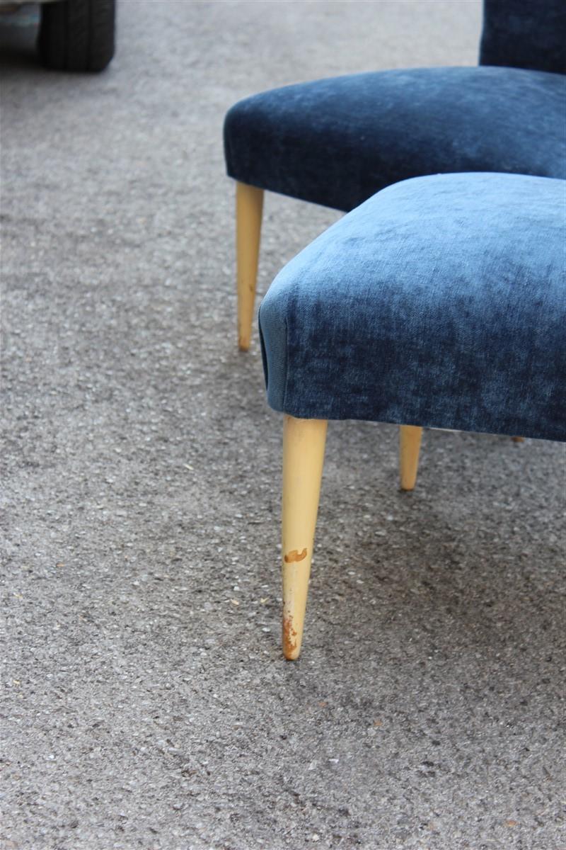 Velvet Bedroom Pair of Chairs Midcentury Italian Design Blue Fabric White Feet For Sale