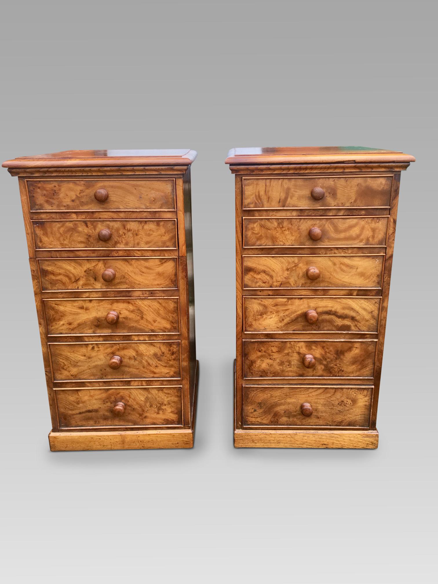 Attractive pair of English Burr Elm bedside cabinets of good size.
These delightful cabinets have been refurbished in our workshops. They have been cleaned and wax polished.
The cabinets have a plinth base, stand 31 ins high, 18 ins deep and 17 ins