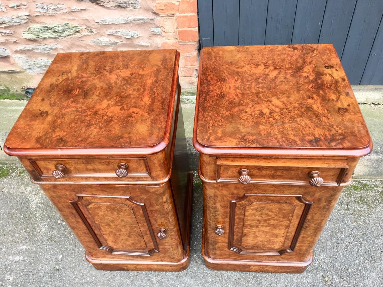 Victorian Bedside Cabinets in Burr Walnut, circa 1870