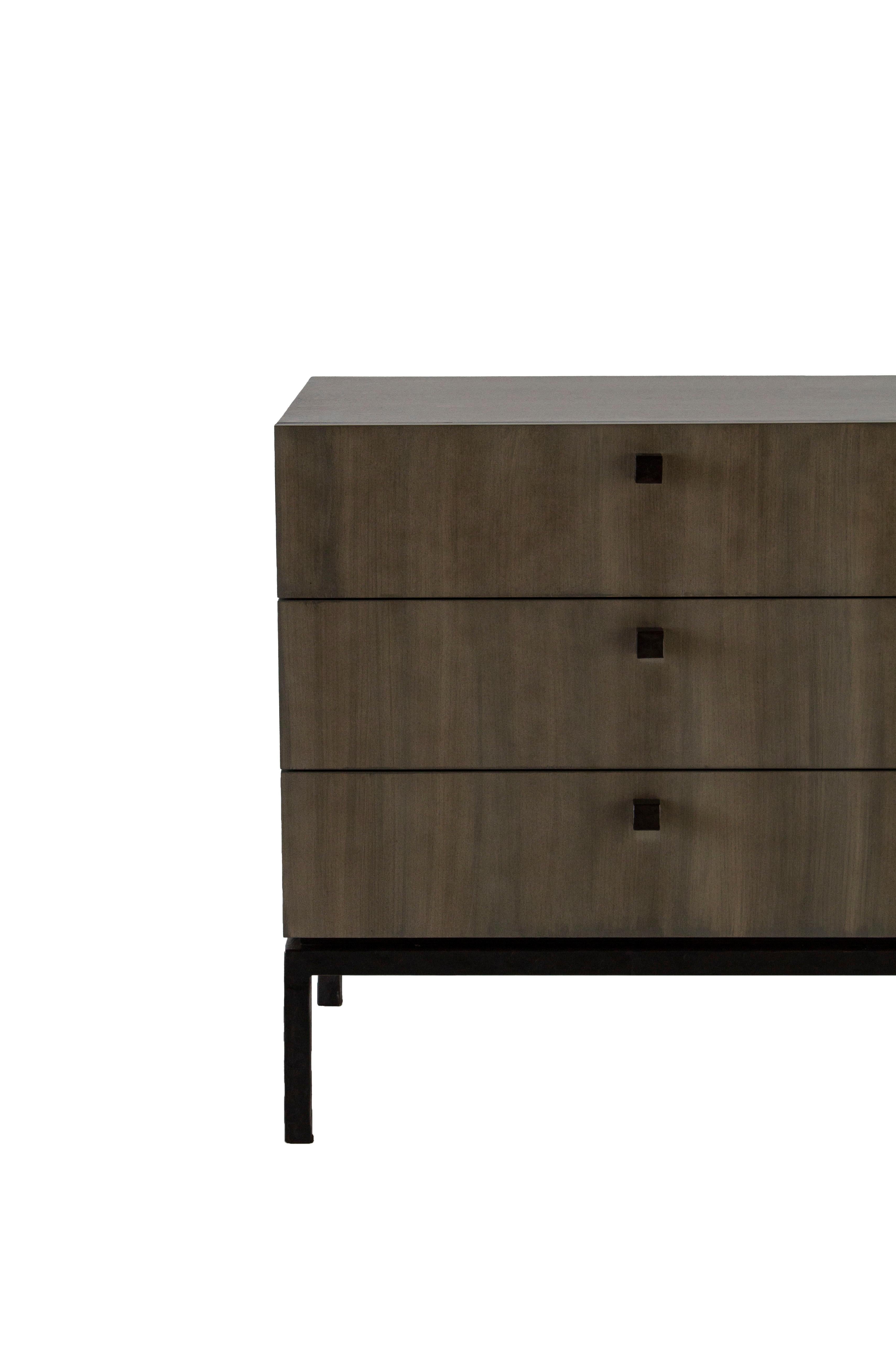 Modern Custom Made Bedside Chest with Three Drawers in Oak Wood w/ Hammered Steel Base For Sale