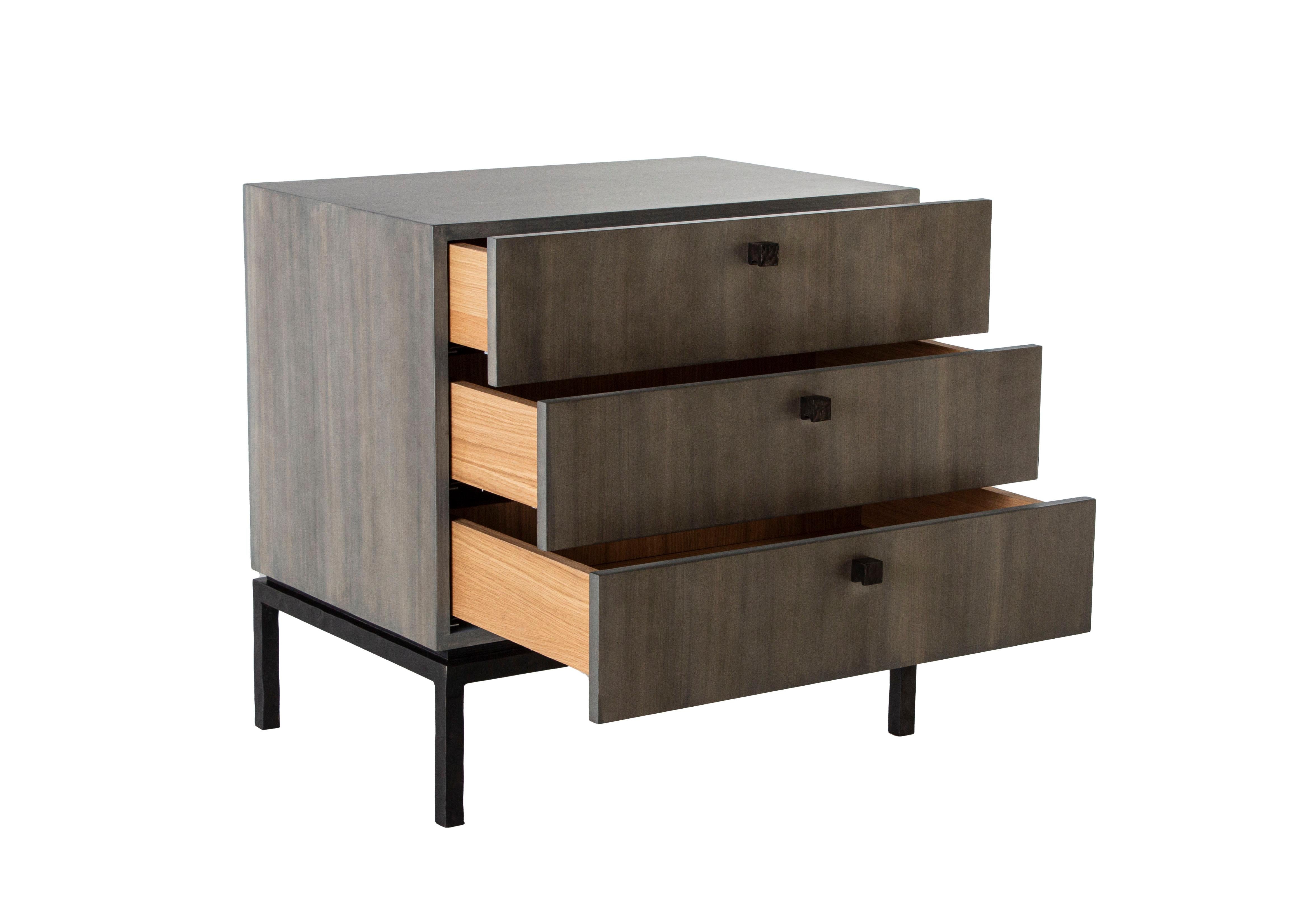 American Custom Made Bedside Chest with Three Drawers in Oak Wood w/ Hammered Steel Base For Sale