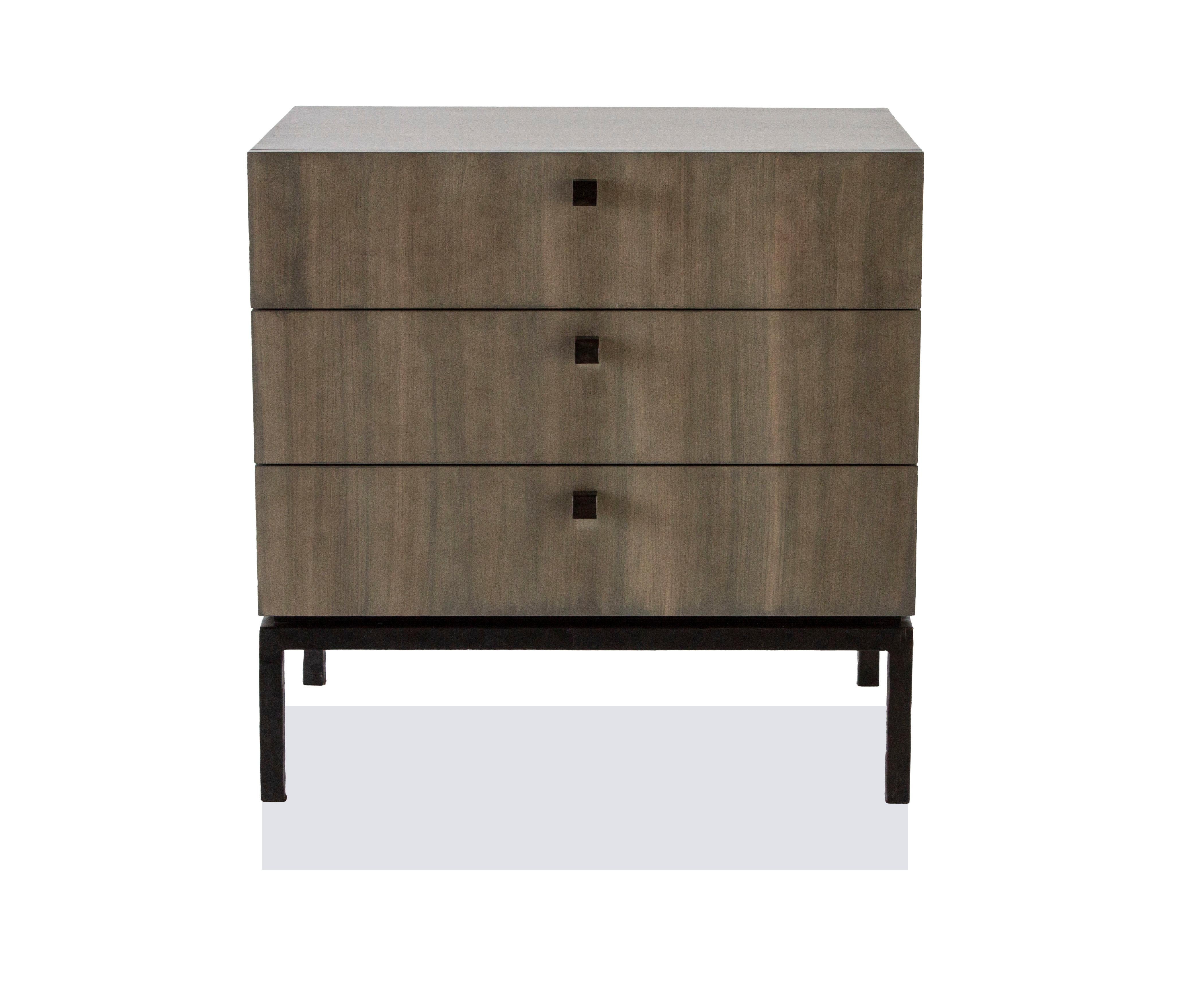 Custom Made Bedside Chest with Three Drawers in Oak Wood w/ Hammered Steel Base In New Condition For Sale In Dallas, TX