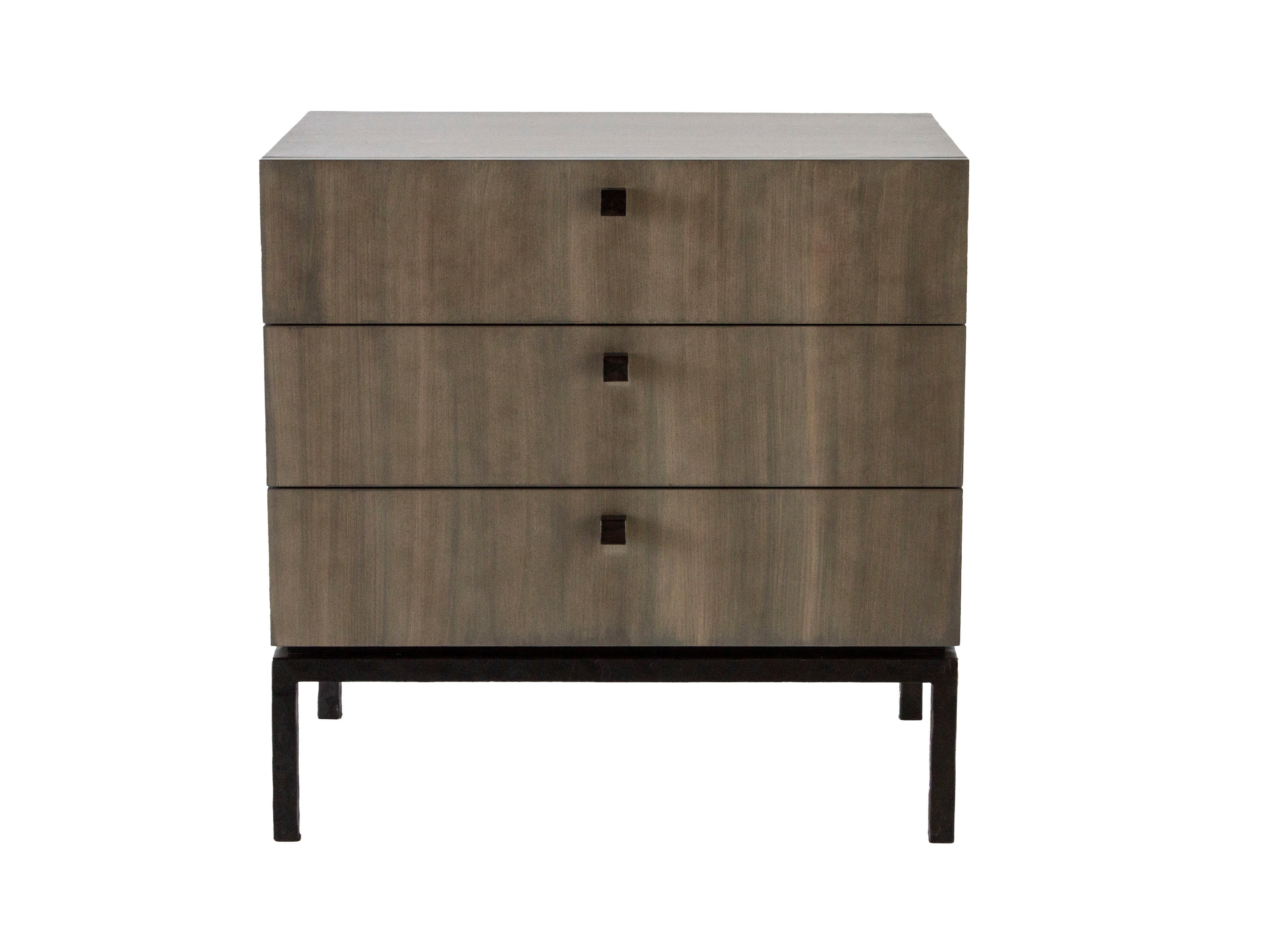 Contemporary Custom Made Bedside Chest with Three Drawers in Oak Wood w/ Hammered Steel Base For Sale
