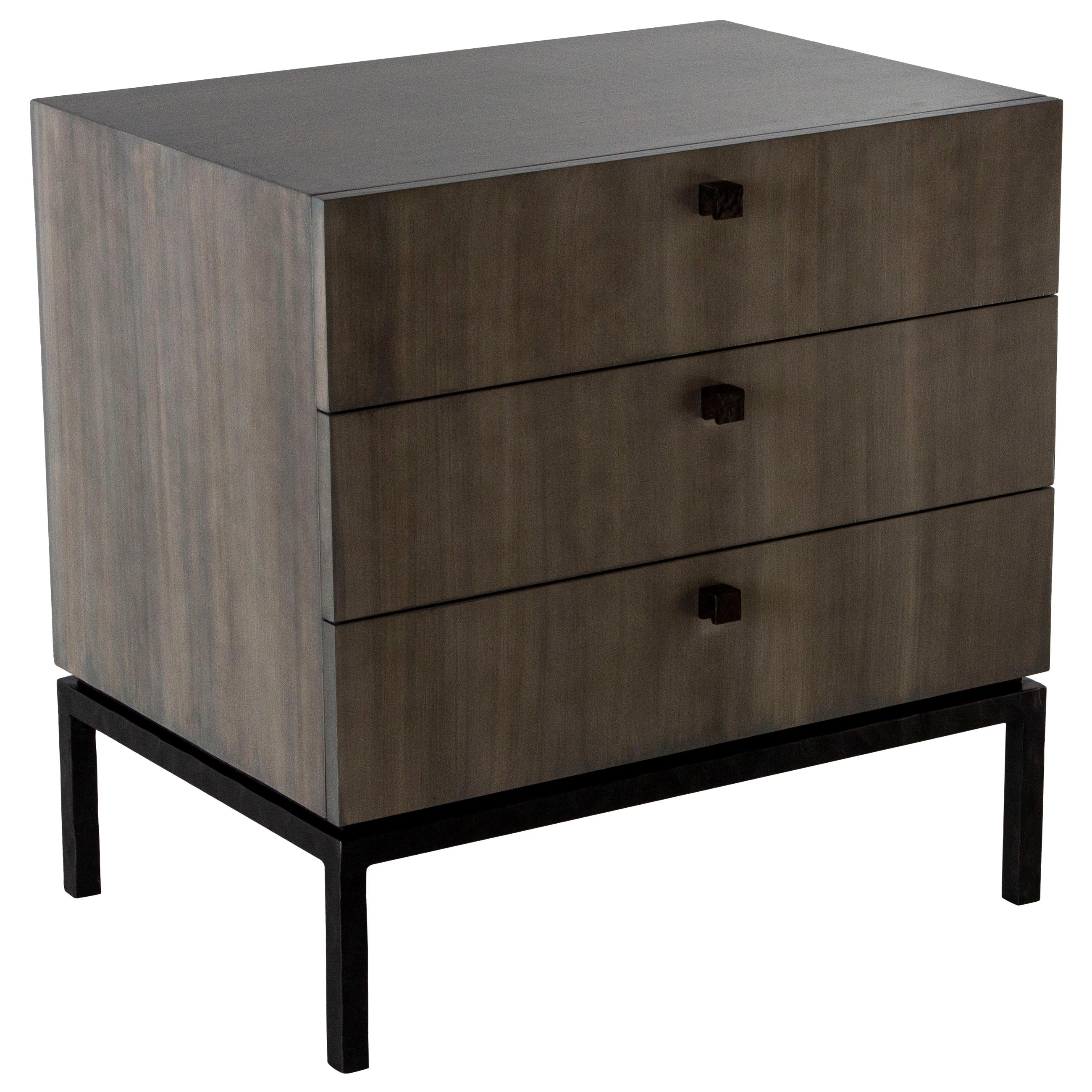Custom Made Bedside Chest with Three Drawers in Oak Wood w/ Hammered Steel Base For Sale