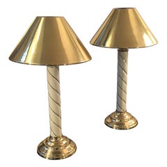 Vintage Bedside Golden Brass and Cream Color Striped Table Lamps, Italy, 1970s