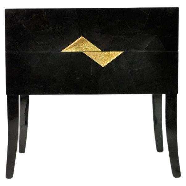 Bedside Table in Black Marquetry and Brass by Ginger Brown For Sale