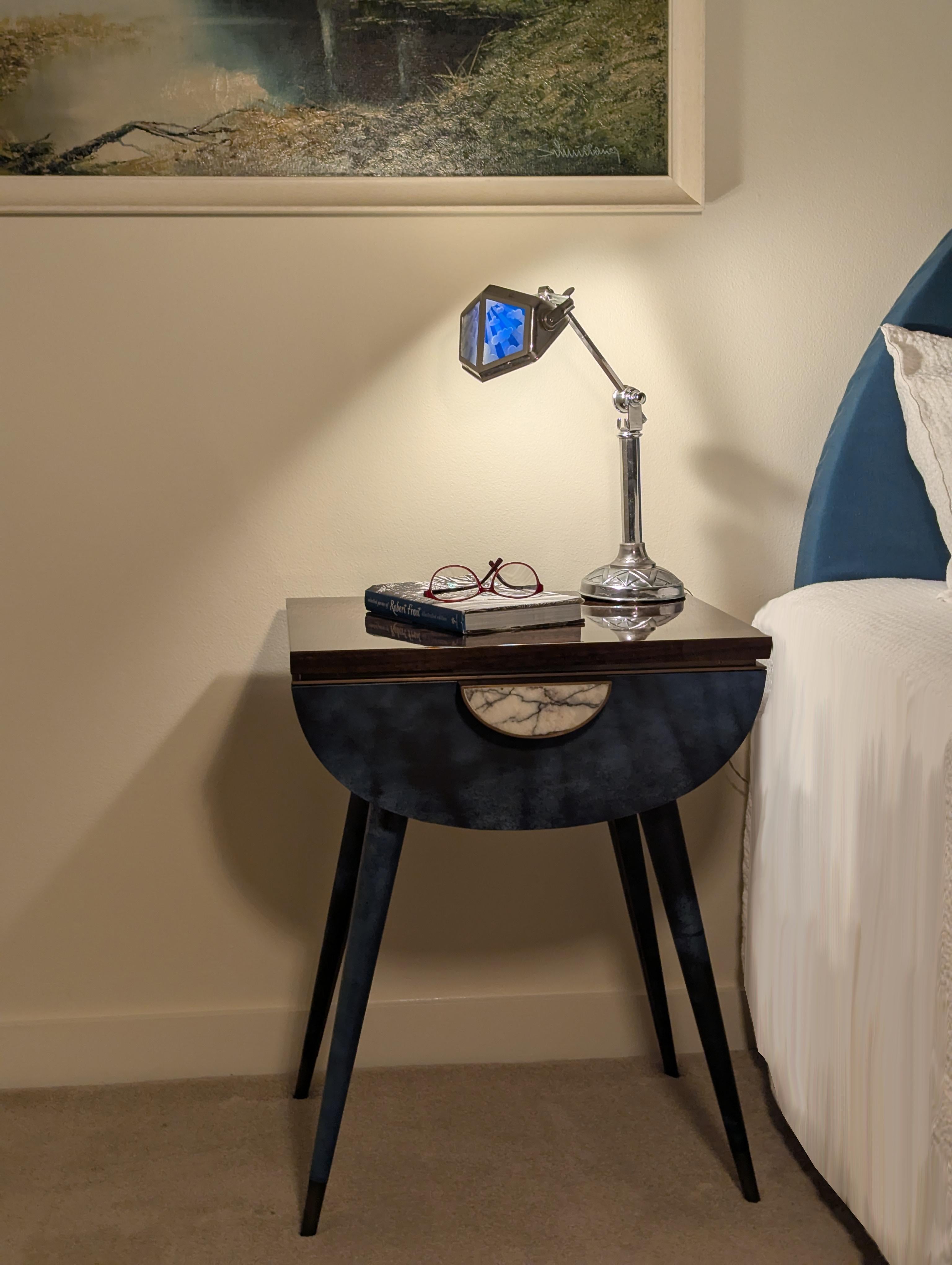 Bedside Table in Blue Vellum, Marble, Bronzed Brass, Fumed Eucalyptus For Sale 6