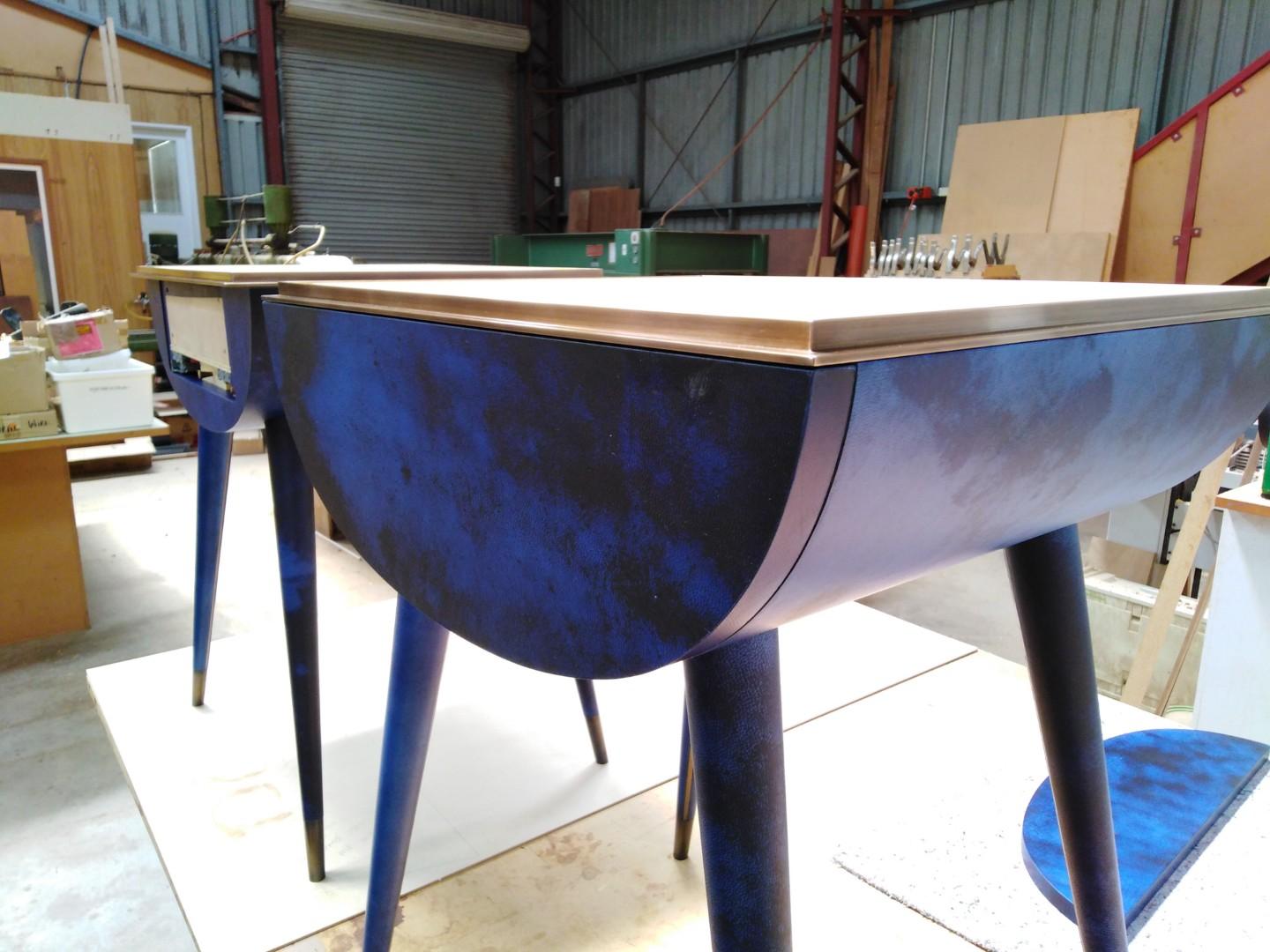 Bedside Table in Blue Vellum, Marble, Bronzed Brass, Fumed Eucalyptus For Sale 13