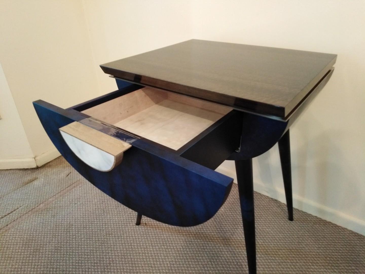 Bedside Table in Blue Vellum, Marble, Bronzed Brass, Fumed Eucalyptus For Sale 14
