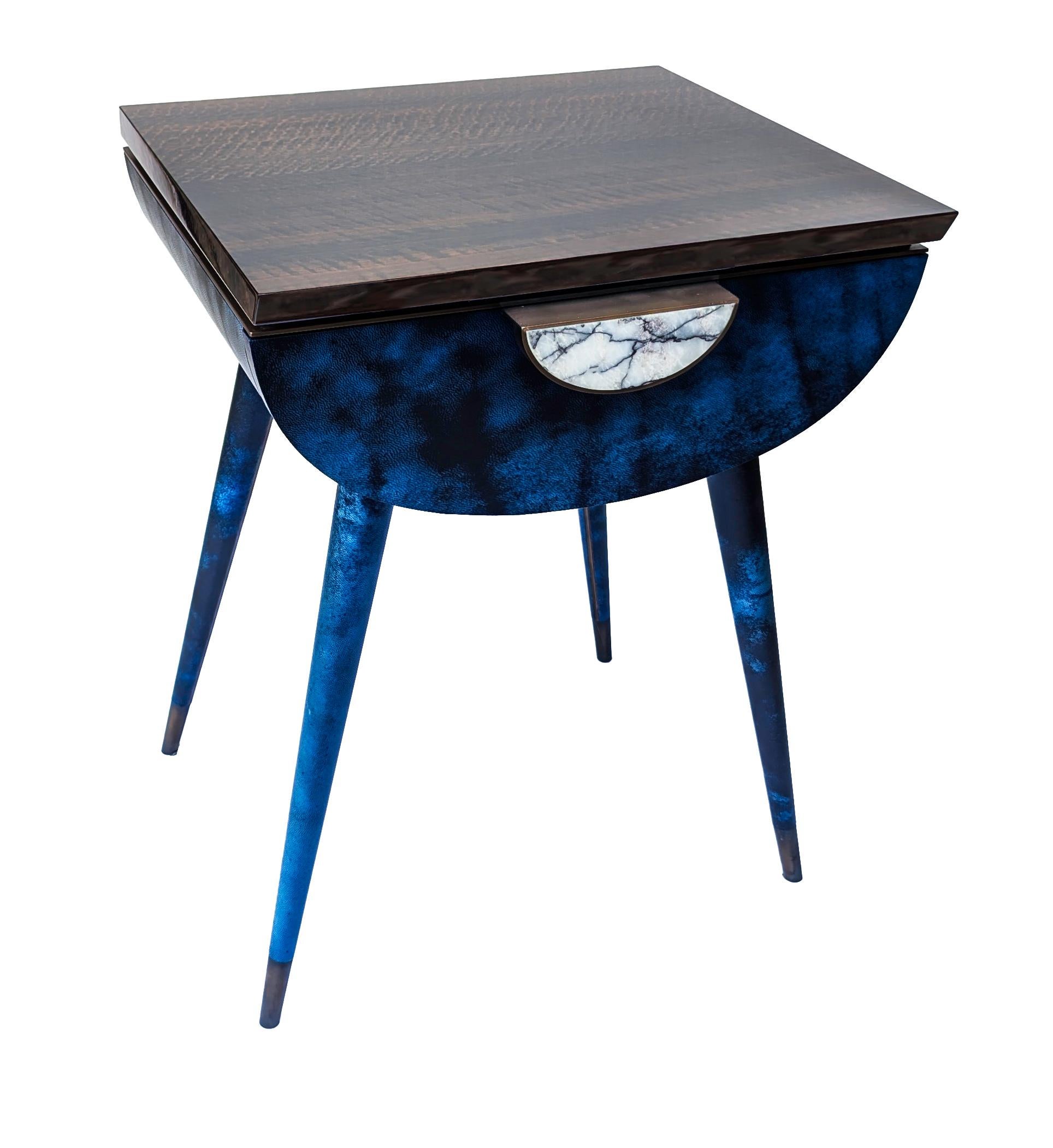 Modern Bedside Table in Blue Vellum, Marble, Bronzed Brass, Fumed Eucalyptus For Sale