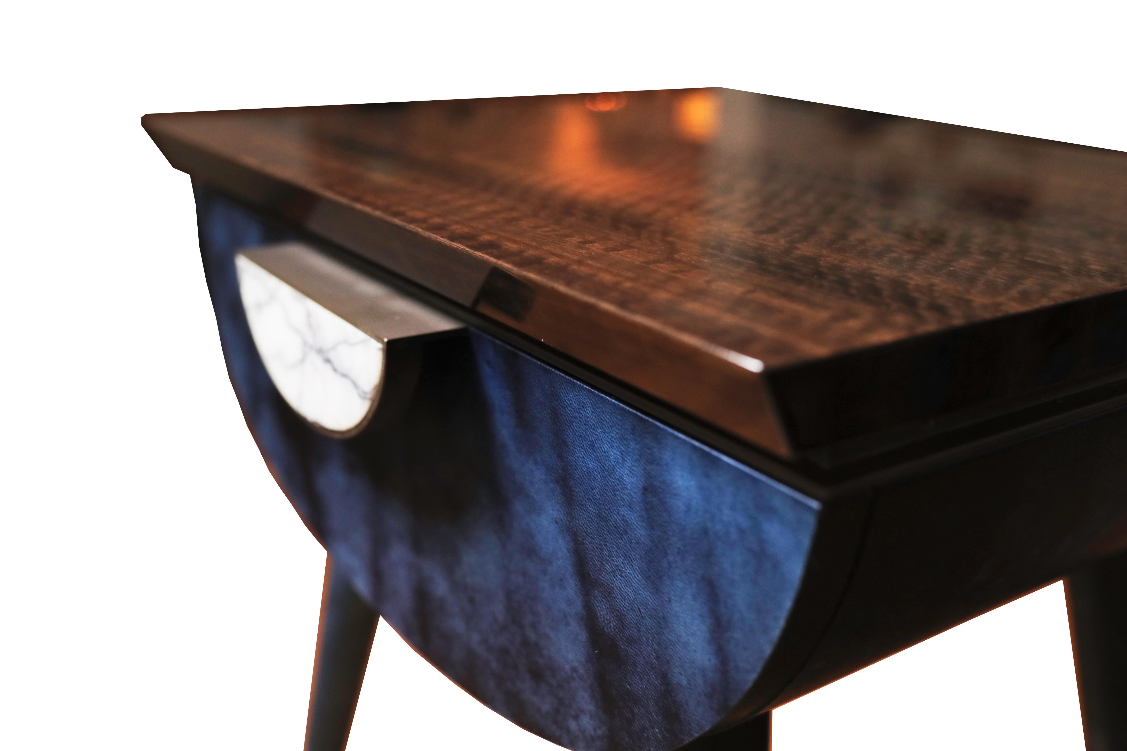 Australian Bedside Table in Blue Vellum, Marble, Bronzed Brass, Fumed Eucalyptus For Sale