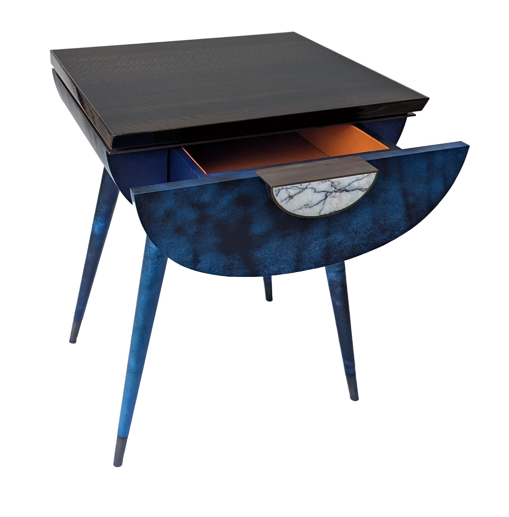 Bedside Table in Blue Vellum, Marble, Bronzed Brass, Fumed Eucalyptus In New Condition For Sale In Queensland, AU
