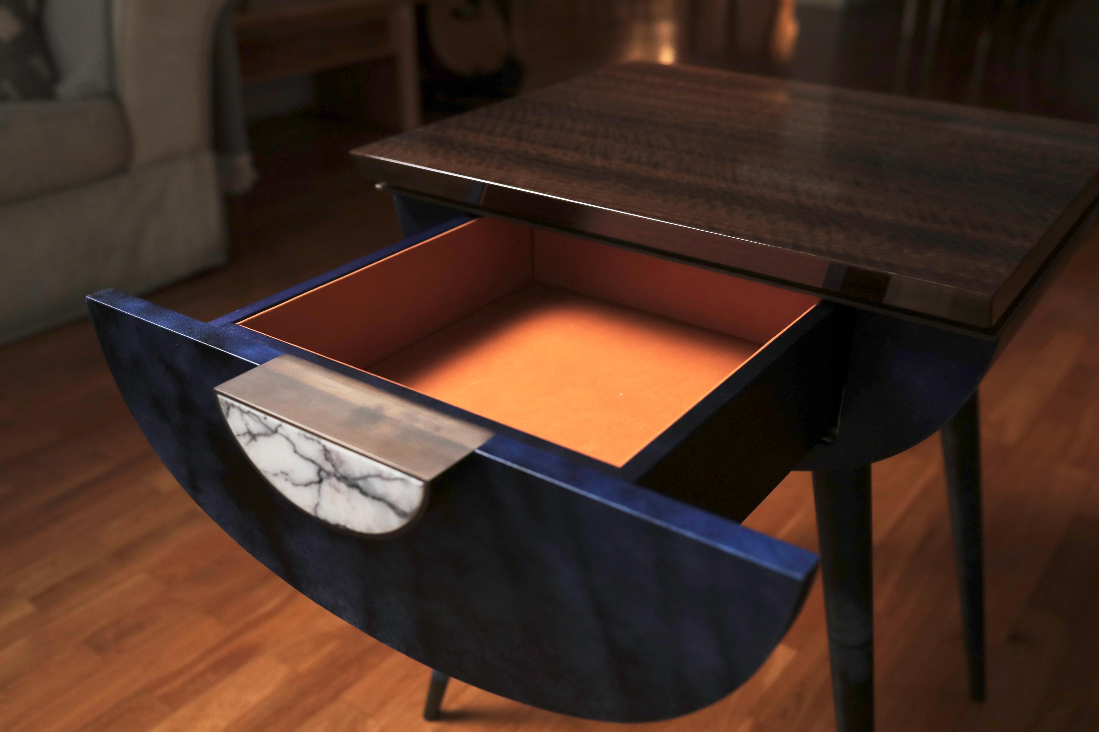 Contemporary Bedside Table in Blue Vellum, Marble, Bronzed Brass, Fumed Eucalyptus For Sale