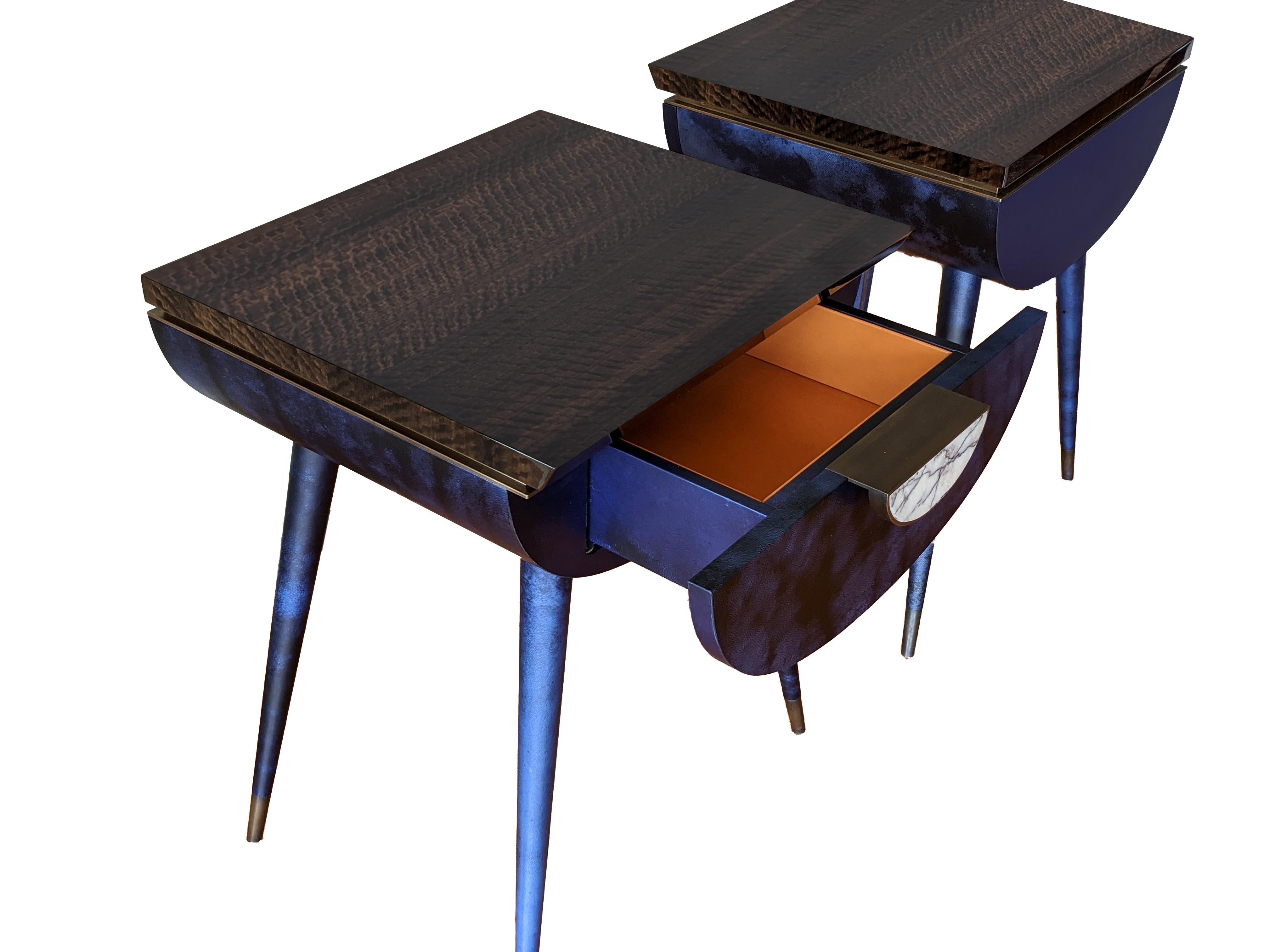 Bedside Table in Blue Vellum, Marble, Bronzed Brass, Fumed Eucalyptus For Sale 1