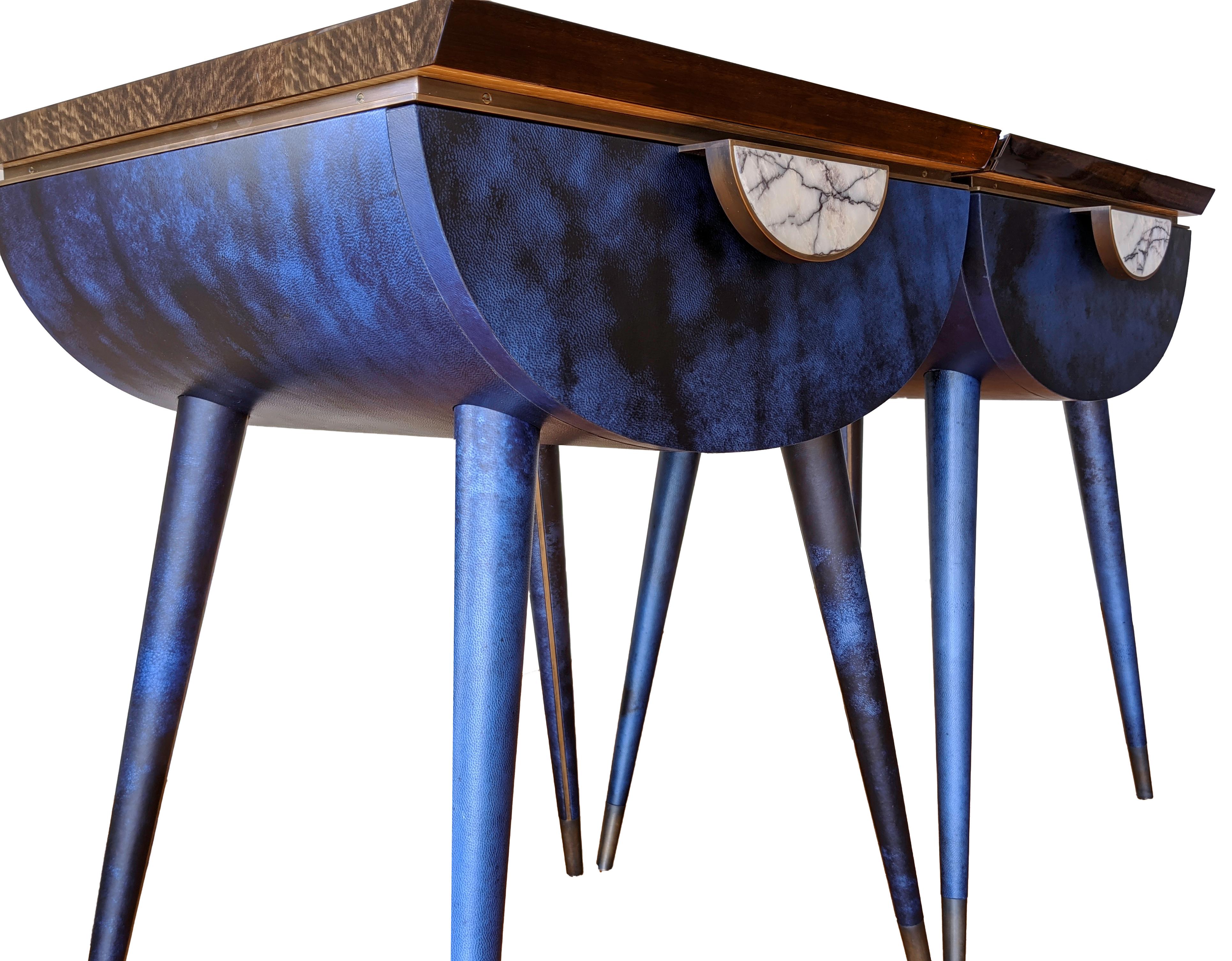Bedside Table in Blue Vellum, Marble, Bronzed Brass, Fumed Eucalyptus For Sale 2