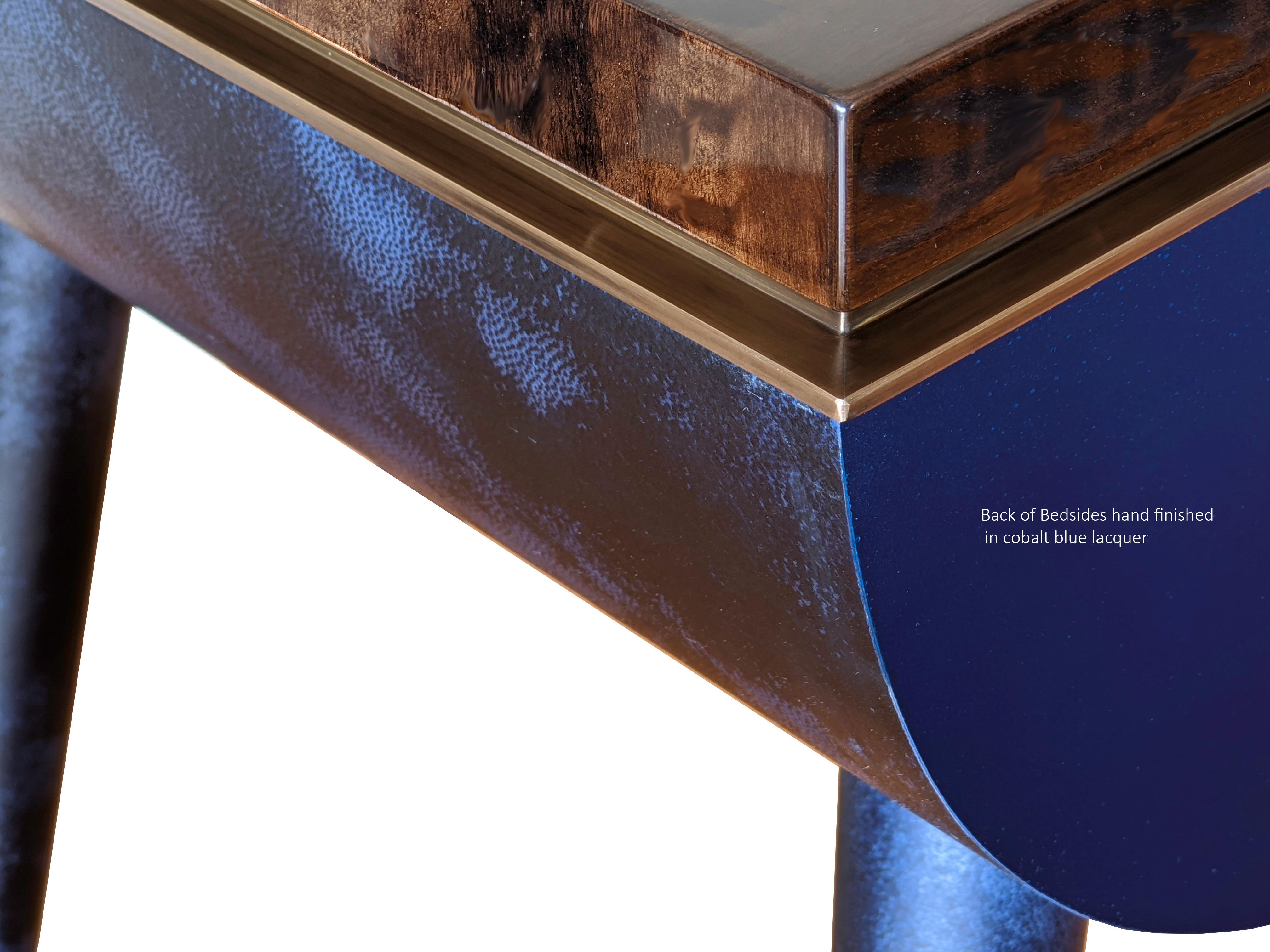 Bedside Table in Blue Vellum, Marble, Bronzed Brass, Fumed Eucalyptus For Sale 3
