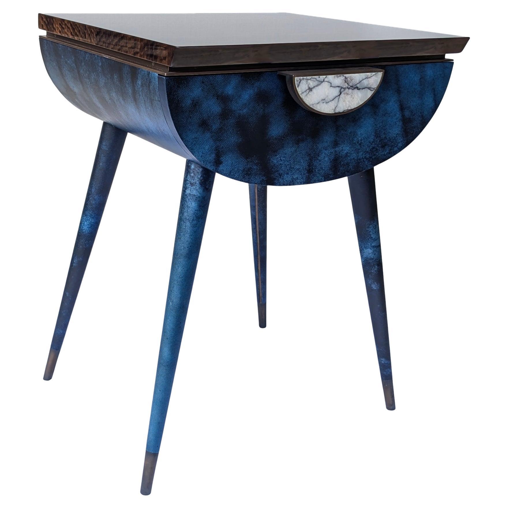 Bedside Table in Blue Vellum, Marble, Bronzed Brass, Fumed Eucalyptus