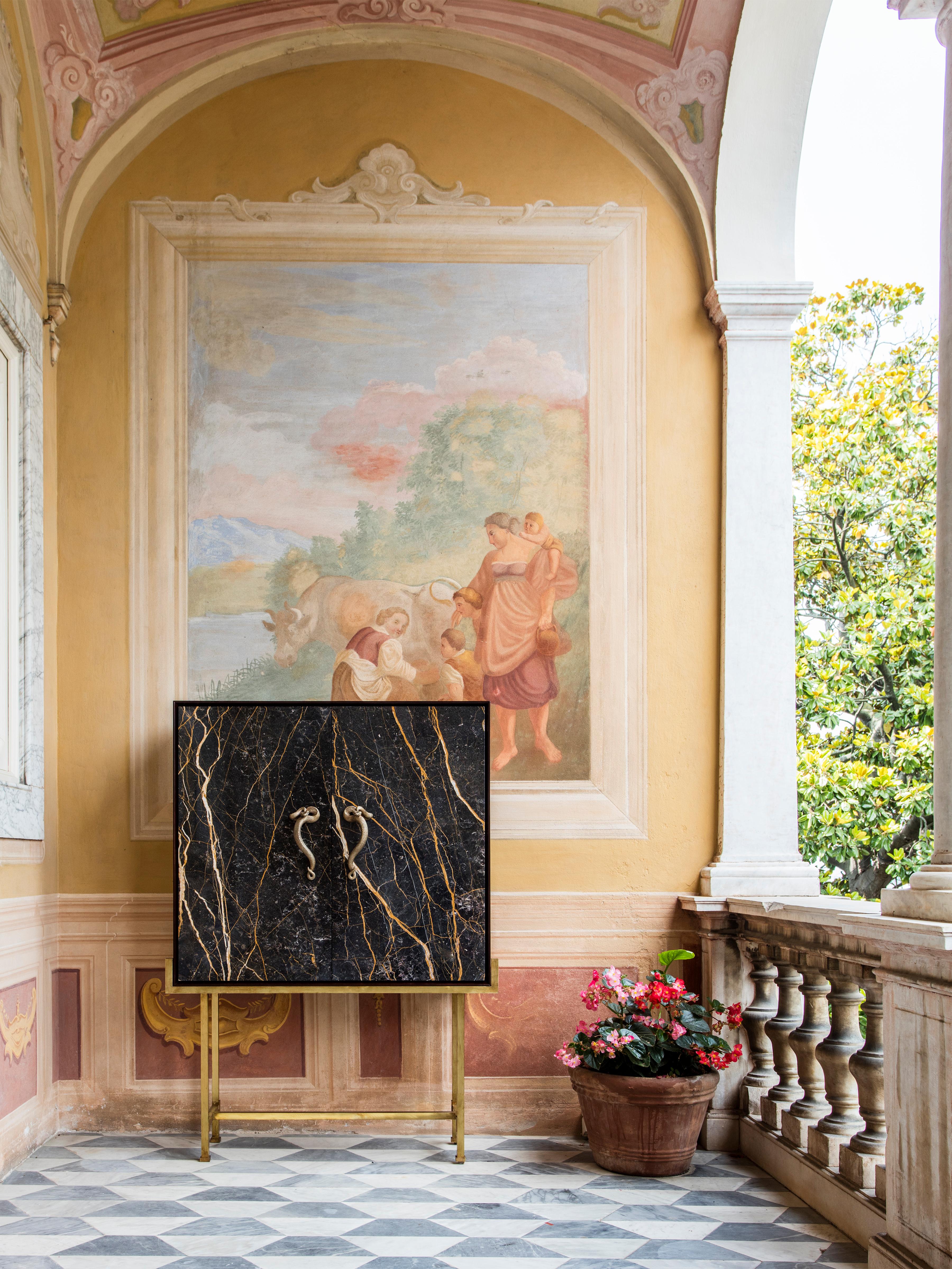 Italian Bedside Table in Paonazzo Marble, Cherrywood and Brass