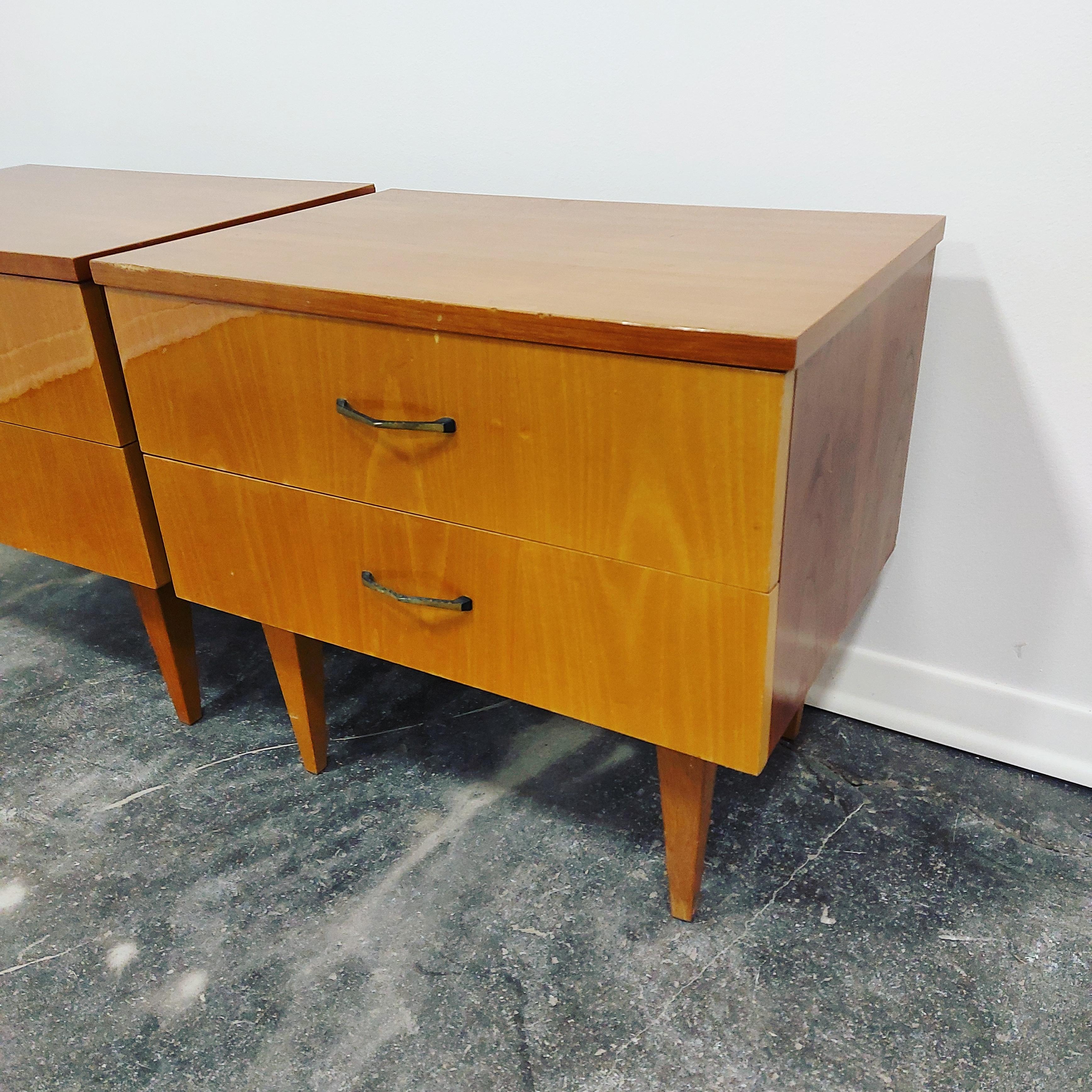 Pair of nightstands/bedside tables

Material: wood, plywood, furnished

Period: 1970s

Style: midcentury, classic italian

Production: Slovenia/Yugoslavia