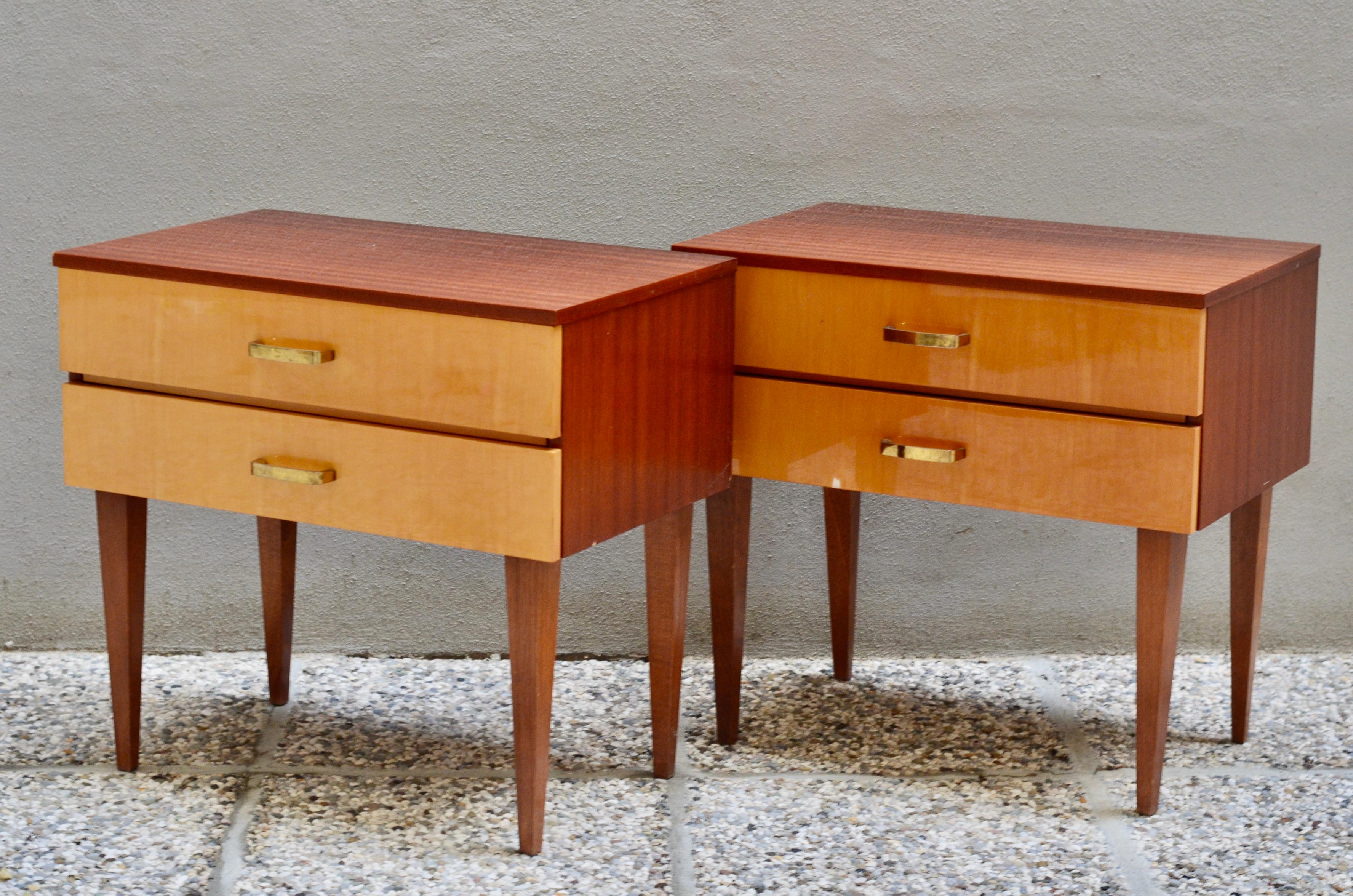 Pair of nightstands / bedside tables, 1970s.
Material: wood, plywood, furnished.
Period: 1970s
Style: mid-century, classic Italian.
Production: Meblo (label), Slovenia/Yugoslavia.