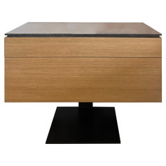 Bedside Table With Drawers in Maple Veneer, Black Marble Top And Metal Leg
