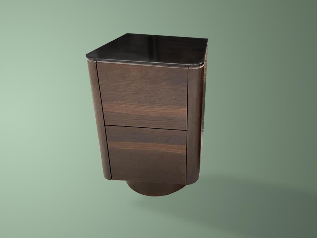 Contemporary Wood Bedside Table With Drawers In Wengé Veneer And Smoked Glass Top For Sale