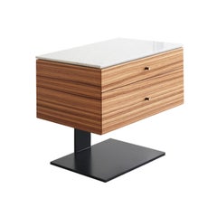 Nightstand With Drawers in Zebrano Veneer, Carrara Marble Top, Metal Legs