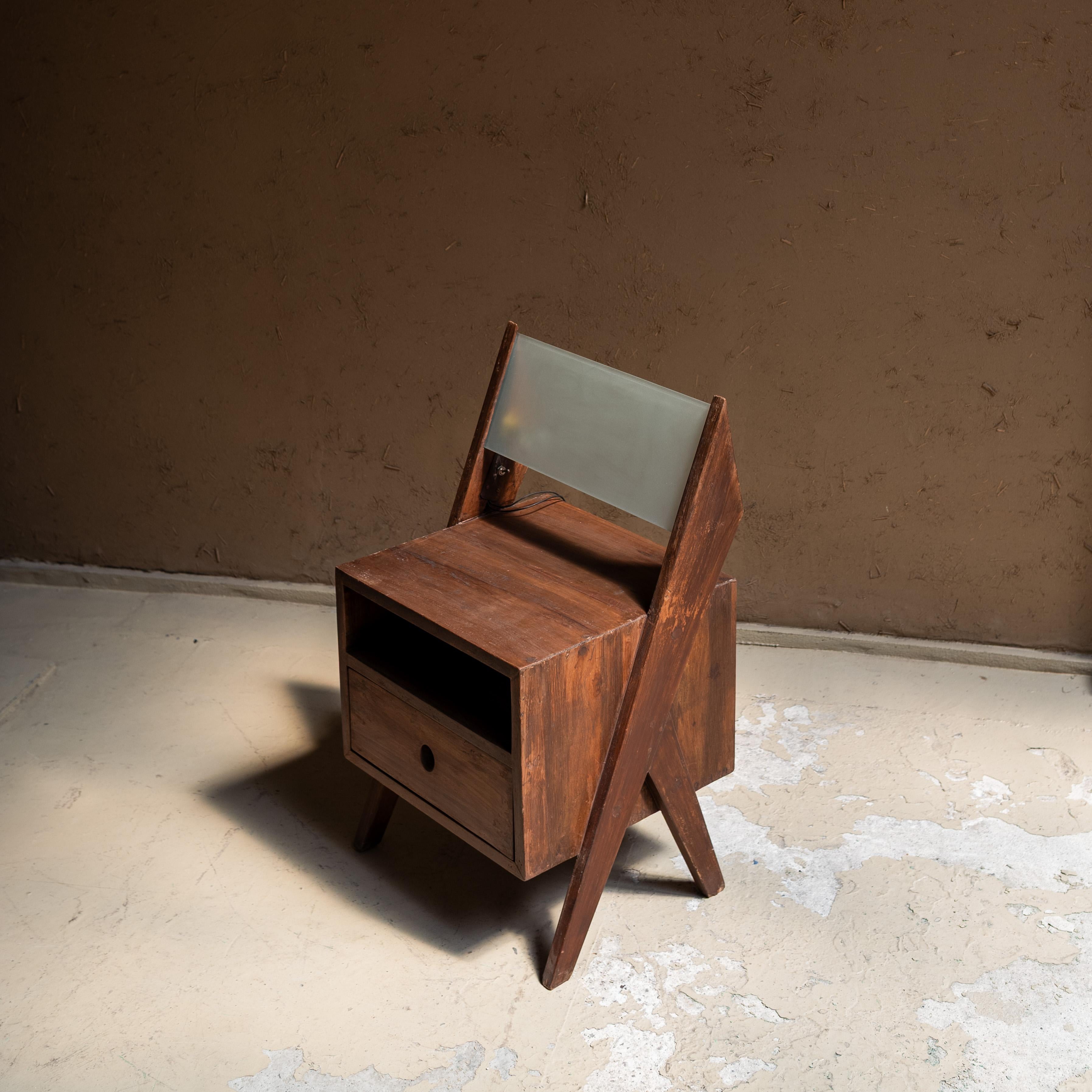 Mid-20th Century Bedside Table with Lamp by Pierre Jeanneret, Chandigarh For Sale