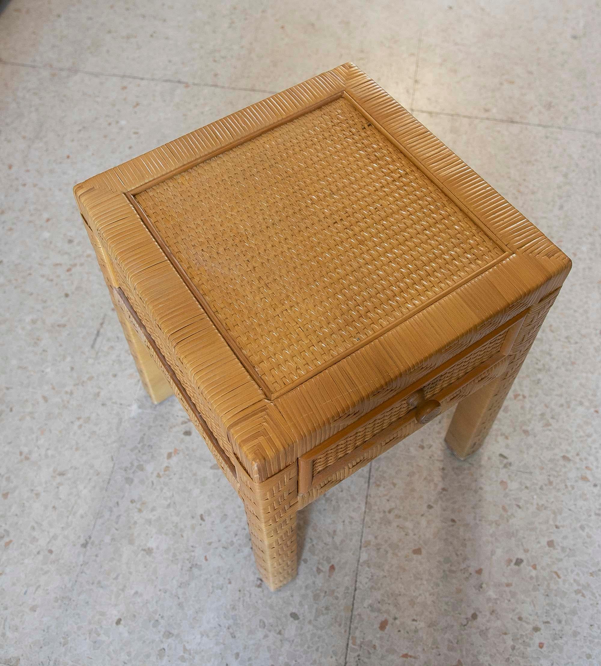 Bedside Table with Wicker Drawer and Wooden Frame  For Sale 7