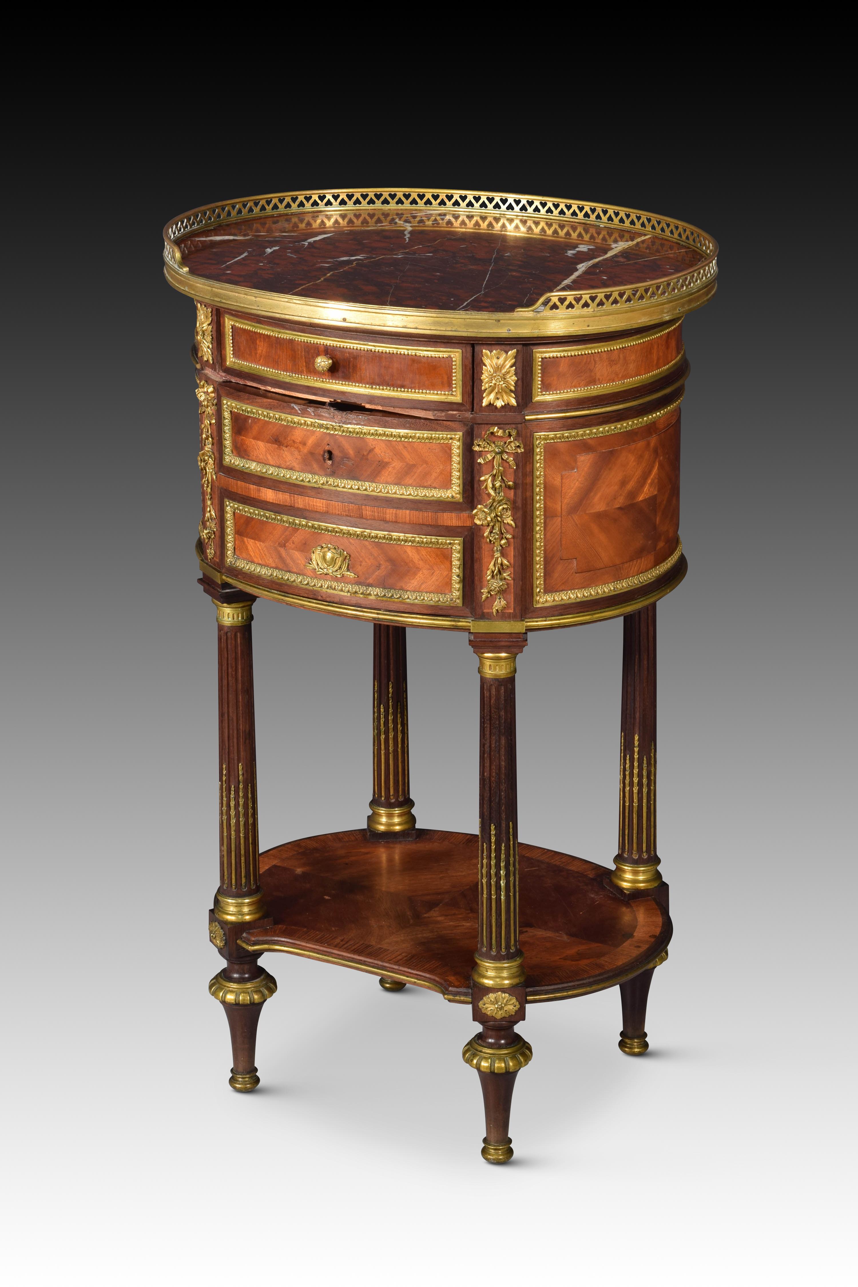 Bedside table. Woods (mahogany...), bronze, marble. QUIGNON FILS. Paris, France, towards the last third of the 19th century. 
Signed in the lower area of the drawer body. It has a break. 
Nightstand or side table with four truncated conical legs and