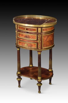 Bedside table. Woods, bronze, marble. QUIGNON FILS. Paris, France, 19th c.