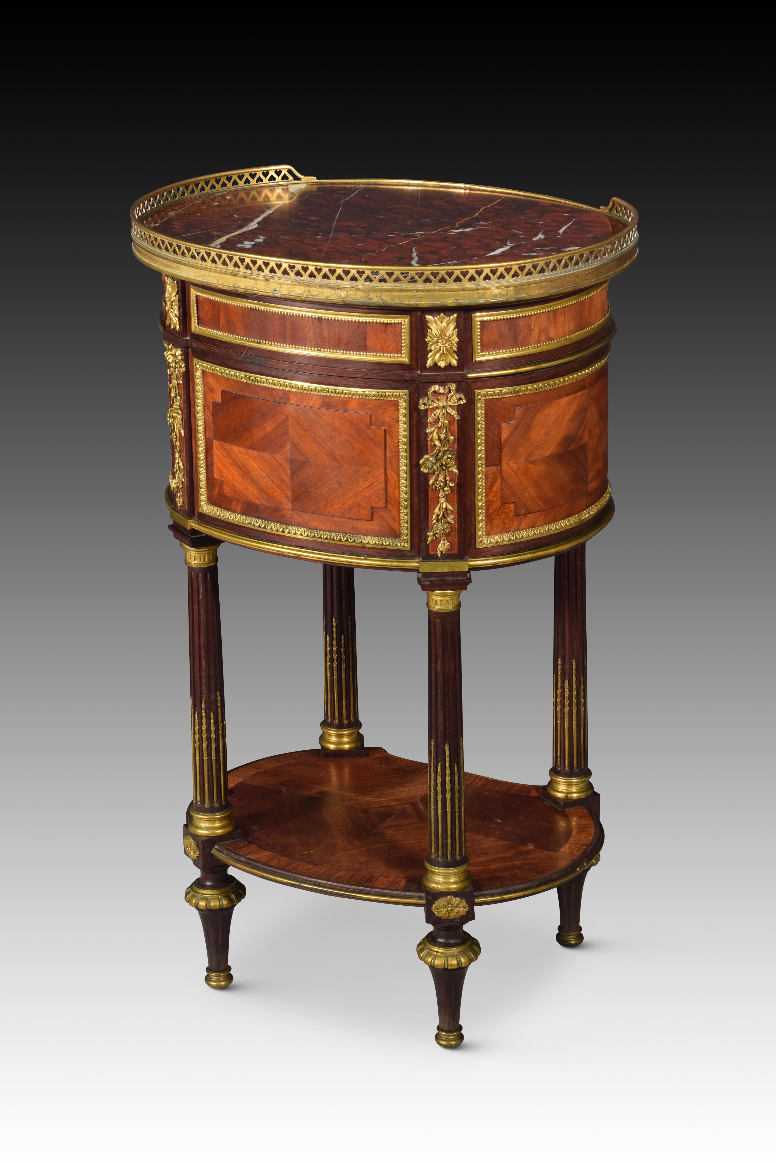 French Bedside table. Woods, bronze, marble. QUIGNON FILS. Paris, France, 19th c. For Sale