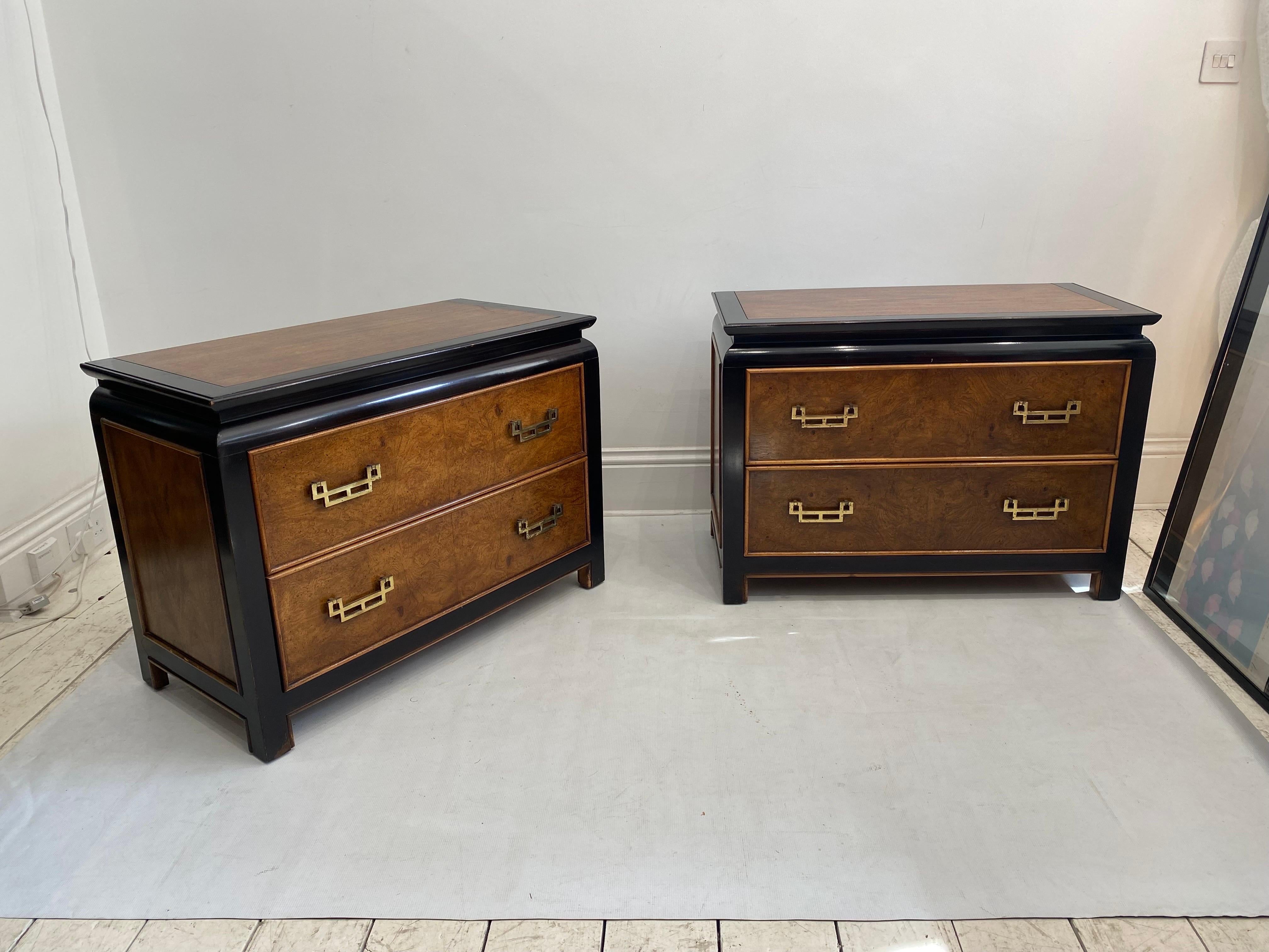 This pair of bedside tables or even end of sofa tables, in burl and brass finish details by Raymond Sobota for Century Furniture Of Distinction from his Chin Hua Collection is a rare UK import. Although Century Furniture were popular in USA, in