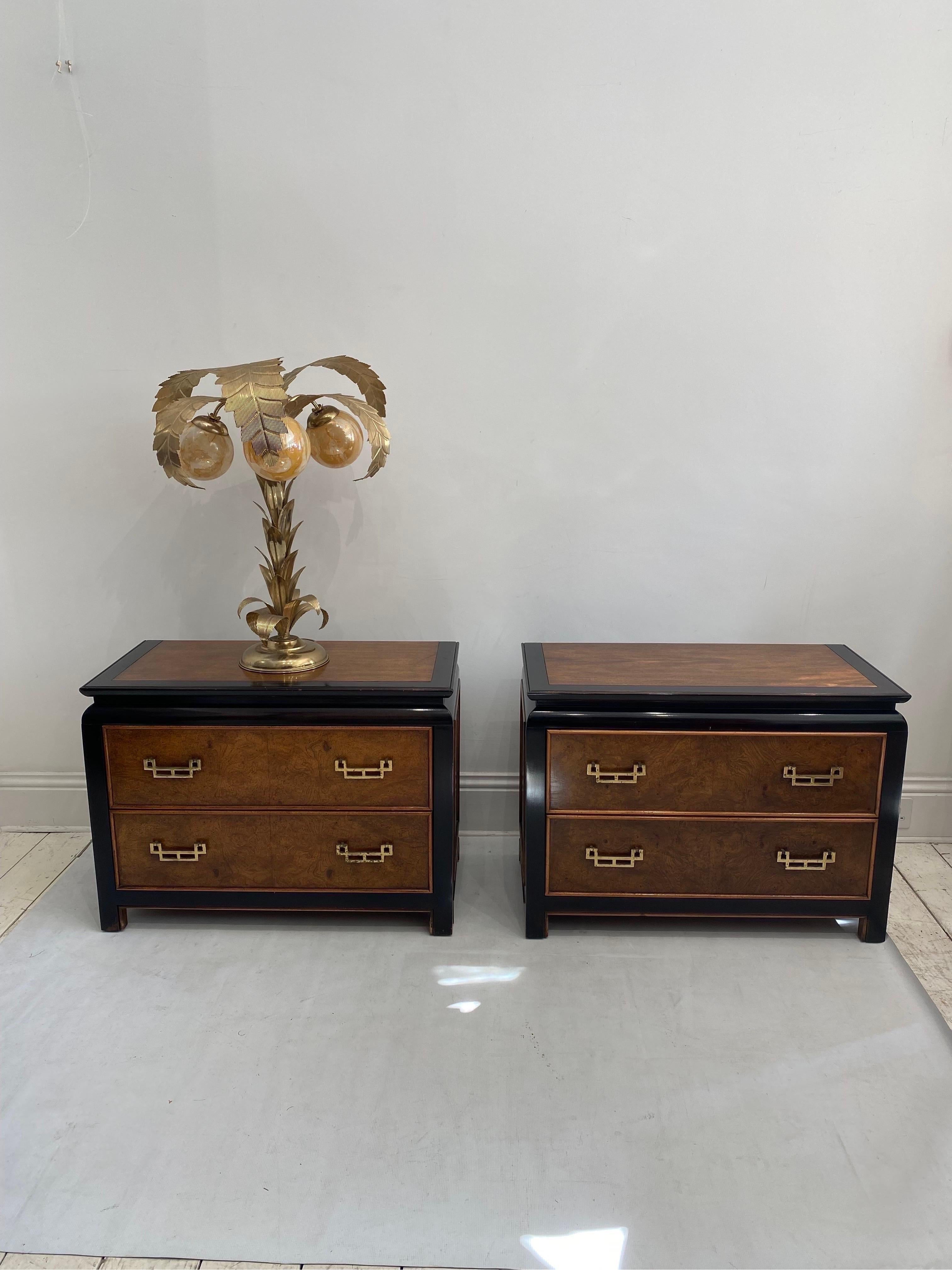 Mid-Century Modern Bedside Tables 1970s Burl Wood Brass Chinoiserie Vintage Drawers Raymond Sabota