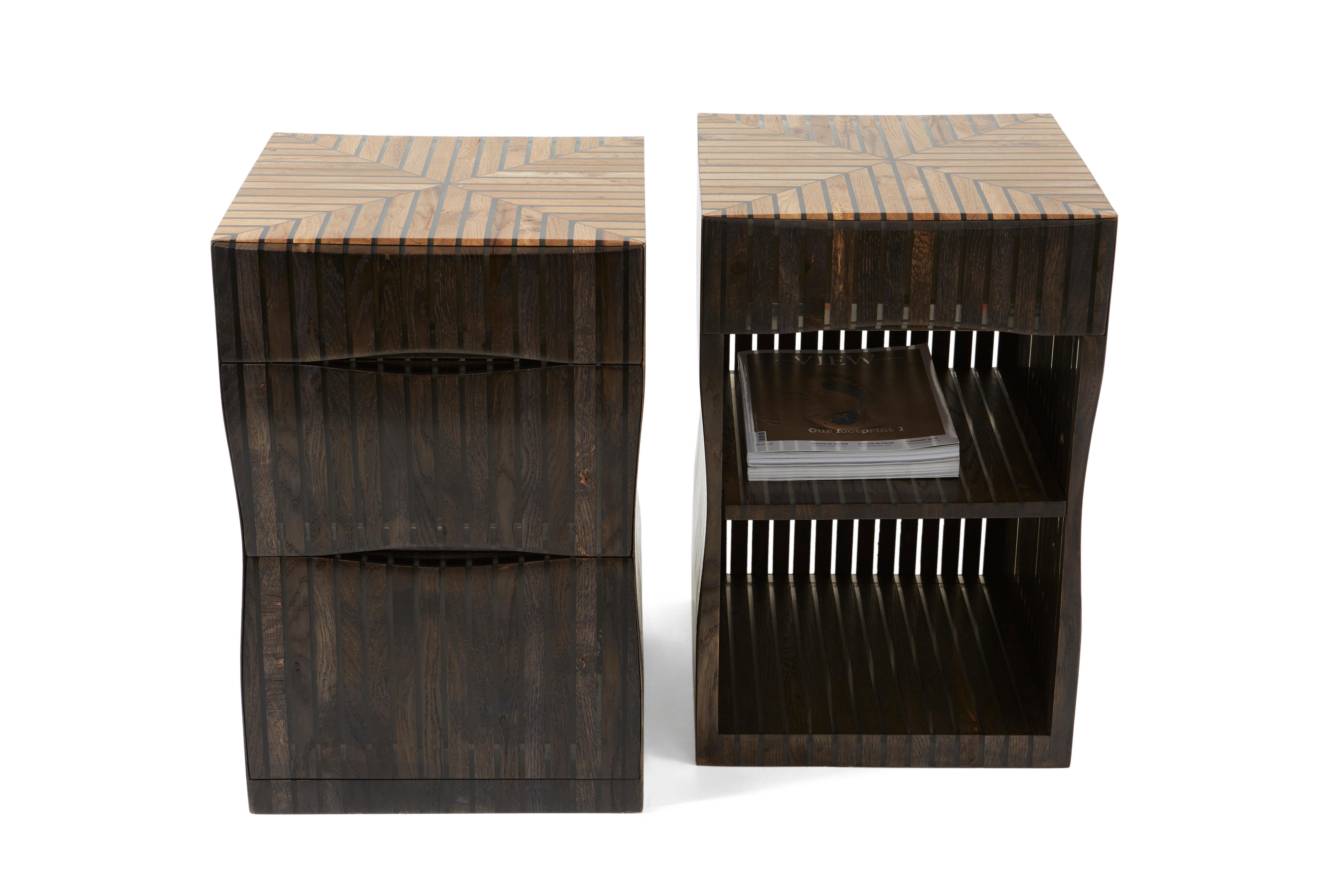 English A pair of side tables in oak and clear ebony tinted resin. by Jonathan Field For Sale