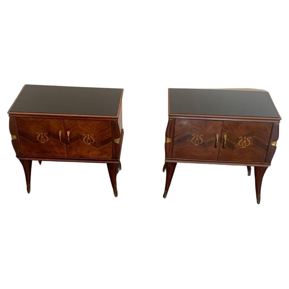 Bedside Tables in Rosewood & Brass, Set of 2 For Sale
