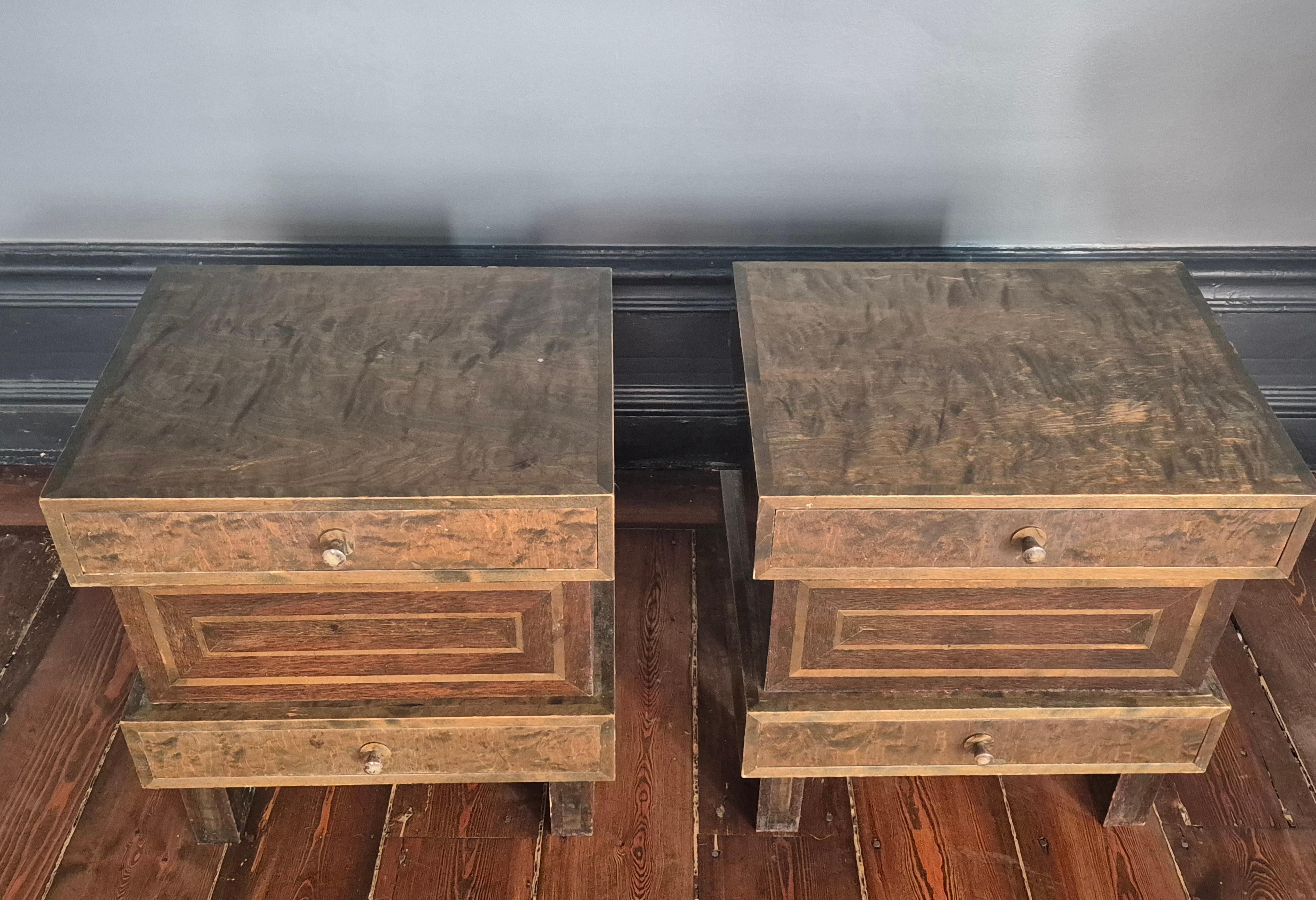 A pair of Art Deco bedside tables with bakelite knobs / handles, Finland 1930a. 

Beautiful geometrical decor and stained curly birch. In good condition, normal signs of age and wear. Smaller signs of dry wood, smaller dry cracks but over all in
