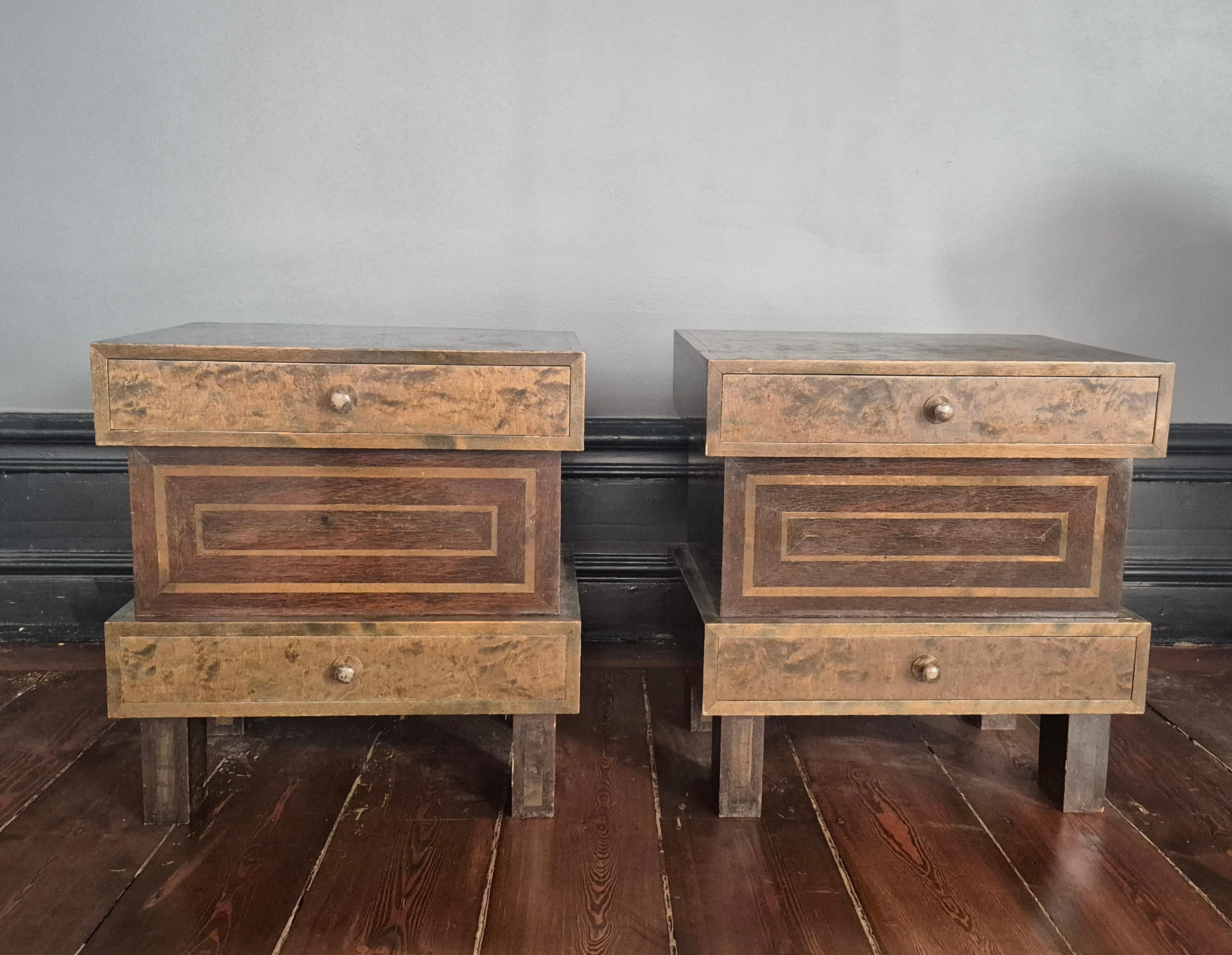 Finnish Bedside tables in stained curly birch, Art Deco, Finland 1930s For Sale
