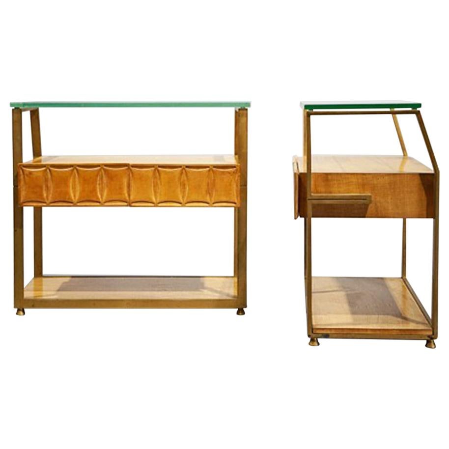 Bedside Tables, Midcentury, Brass, Maple, Crystal Glass, Mobile Di Cantú, Italy