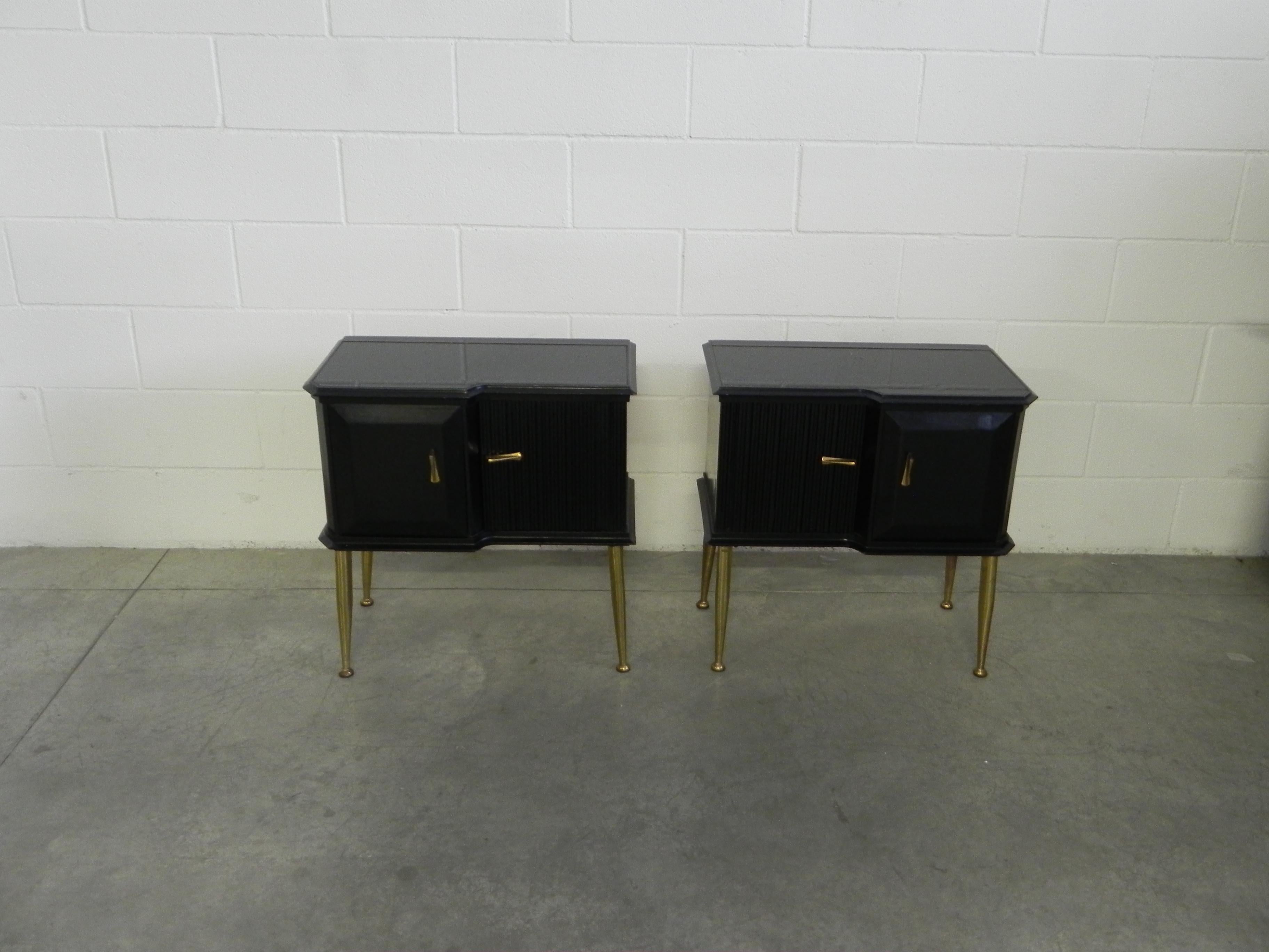 Bedside tables nightstands Italian brass and wood ebonized, 1950.