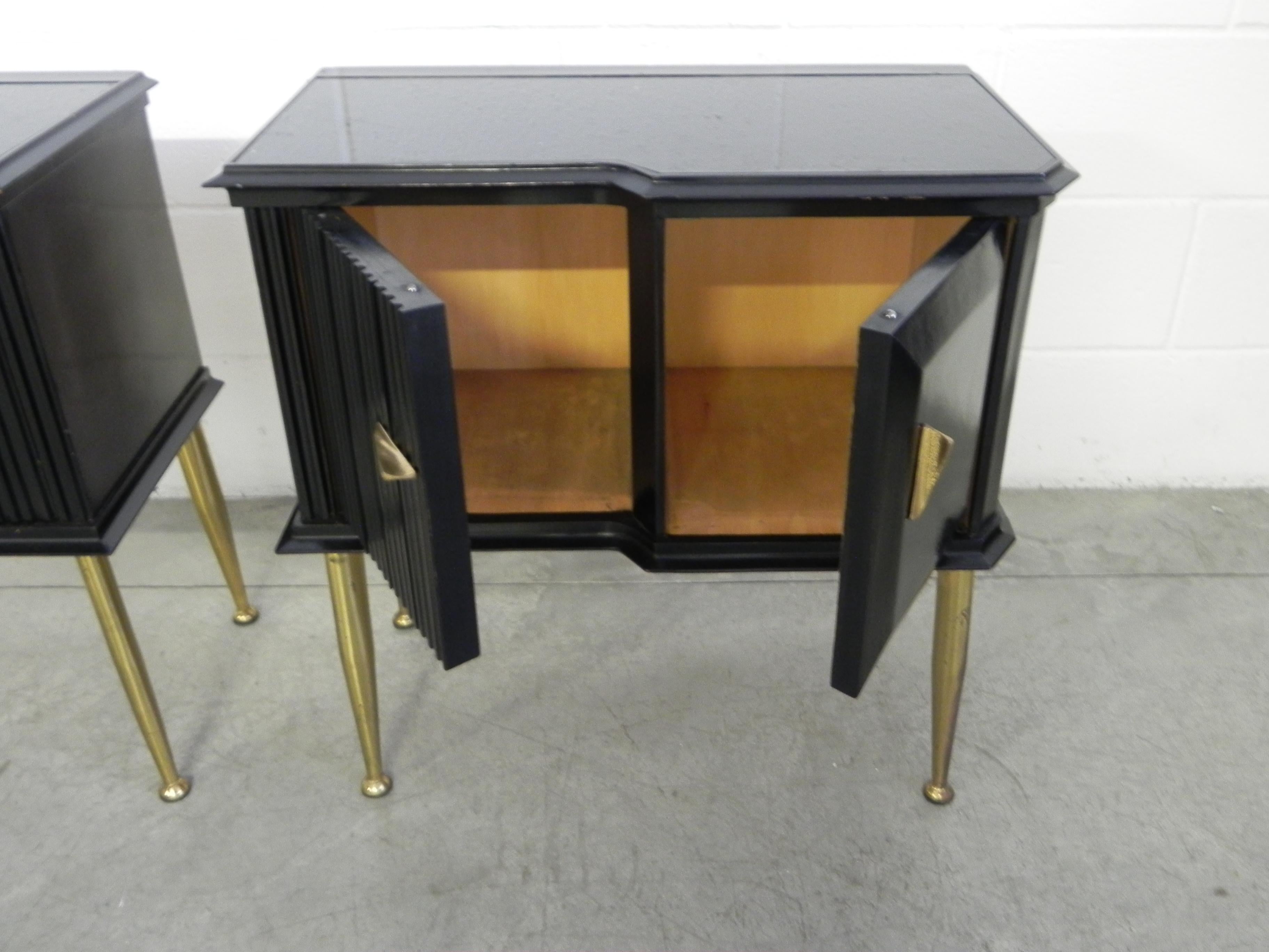 Bedside Tables Nightstands Italian Brass and Wood Ebonized, 1950 1