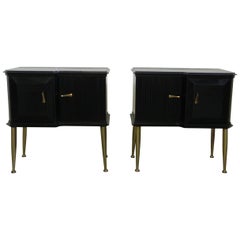 Bedside Tables Nightstands Italian Brass and Wood Ebonized, 1950