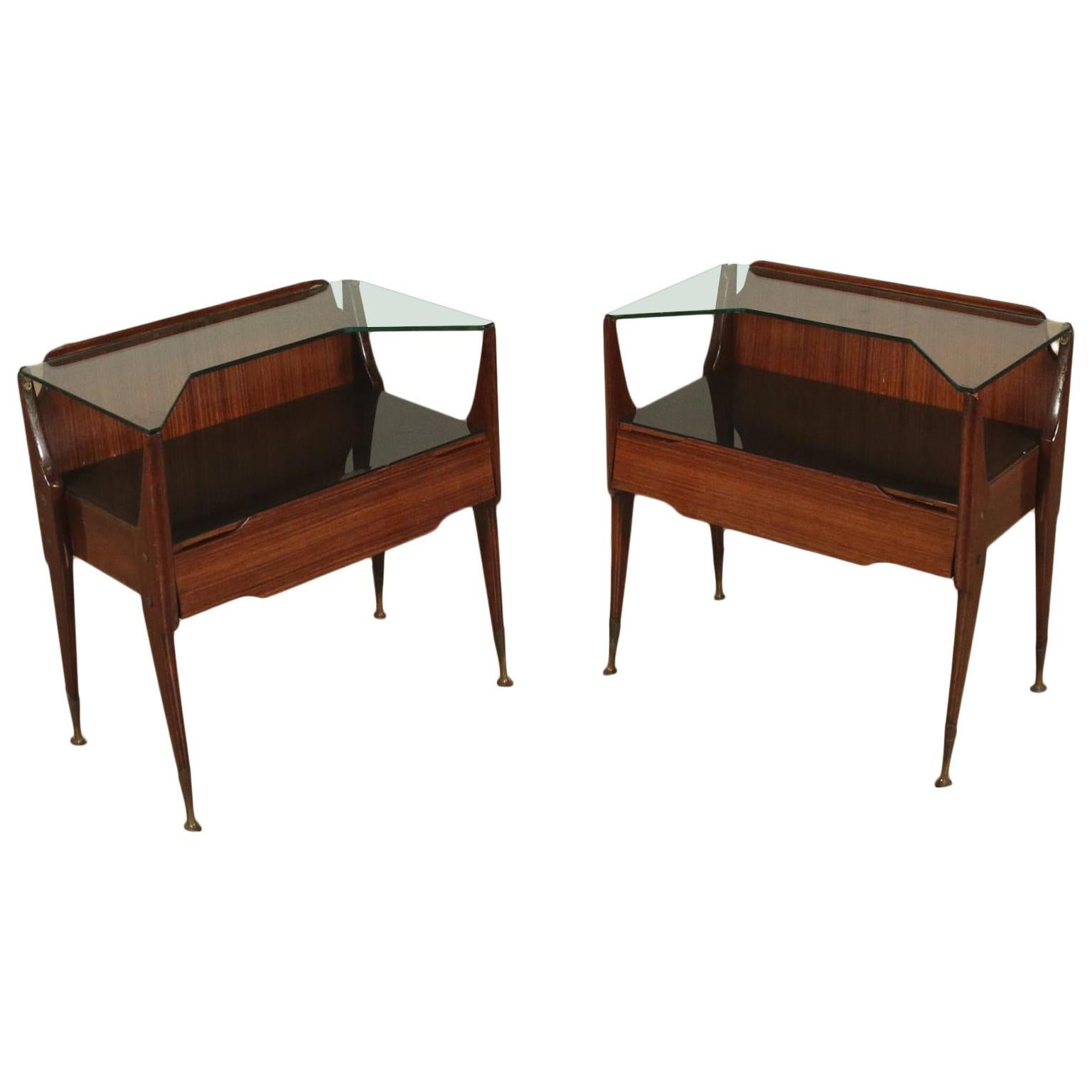 Bedside Tables, wood, Back-Treated Glass Brass, Italy, 1950s-1960s