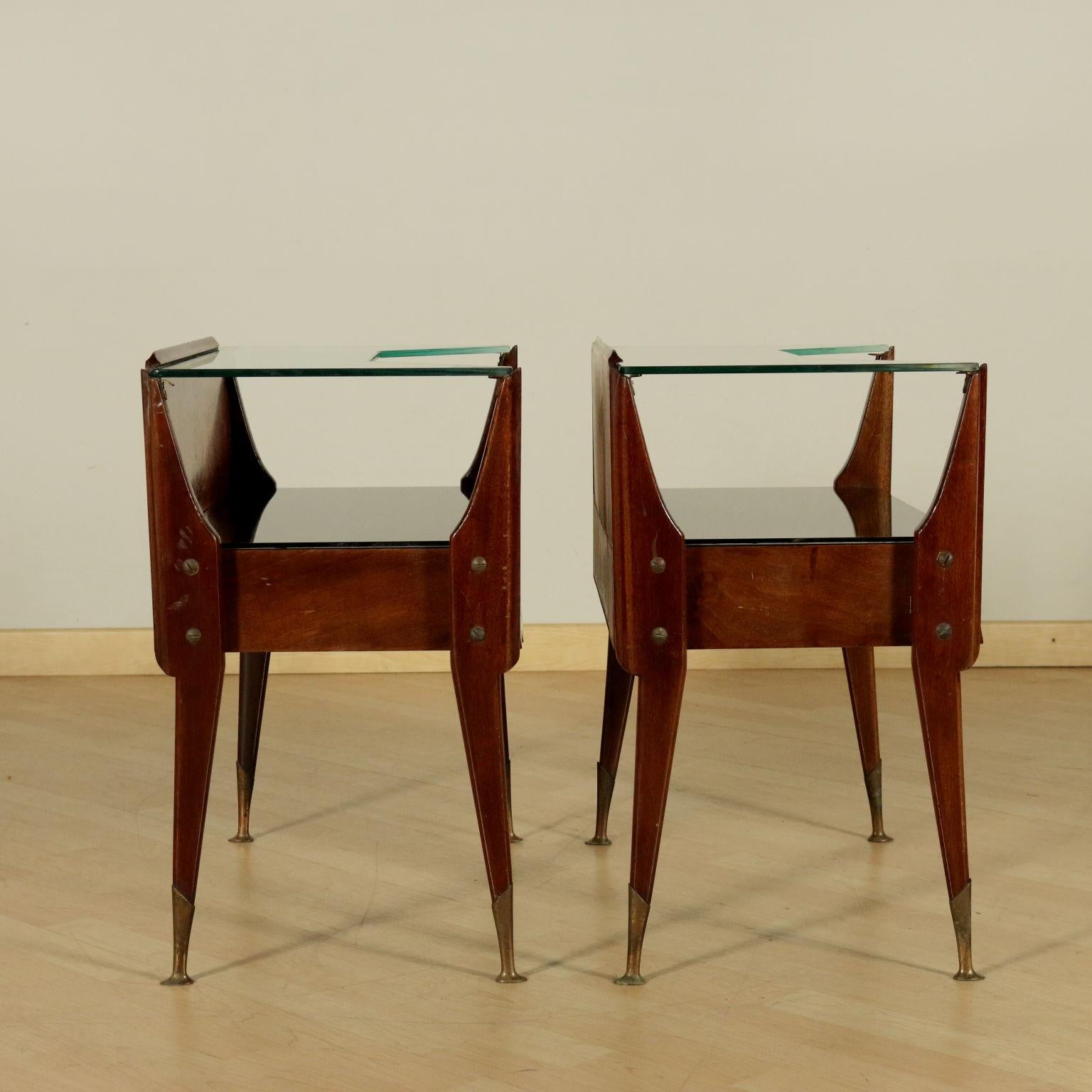 Mid-Century Modern Bedside Tables, wood, Back-Treated Glass Brass, Italy, 1950s-1960s