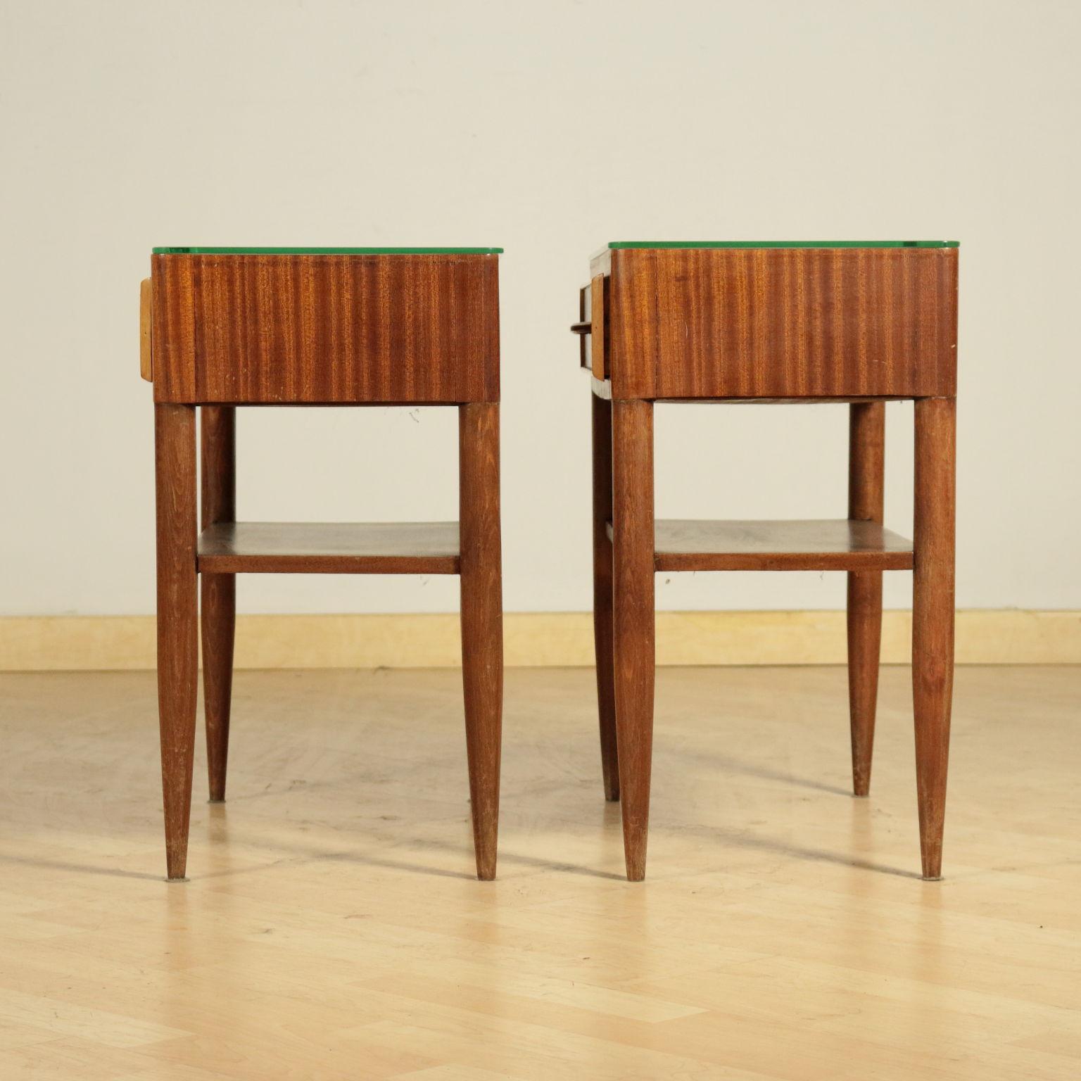 Mid-Century Modern Bedside Tables Stained Beech Mahogany Veneer Glass, Italy, 1950s