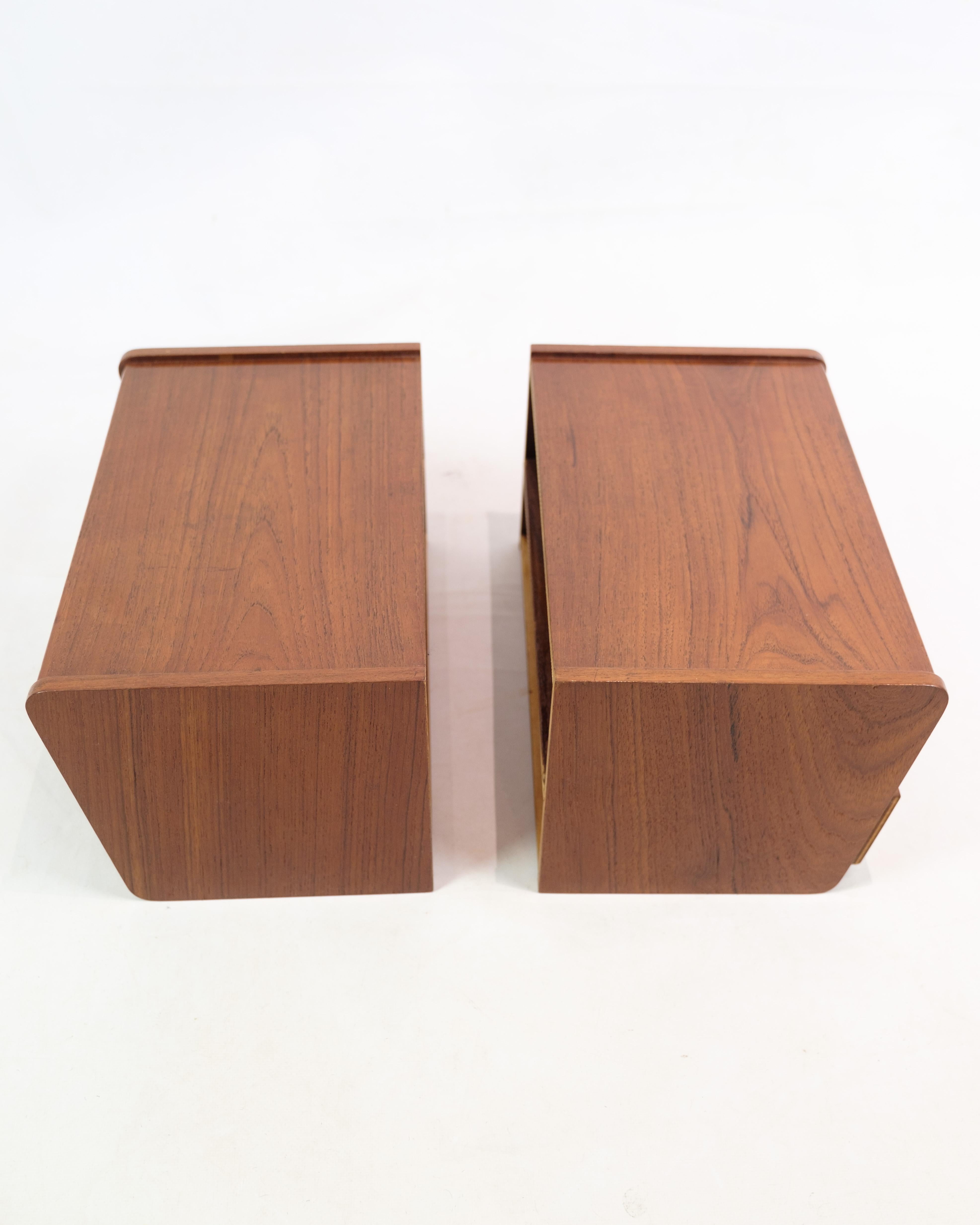 Danish Bedside tables With Shelf and drawers Made In Brass And Teakwood From 1960s For Sale