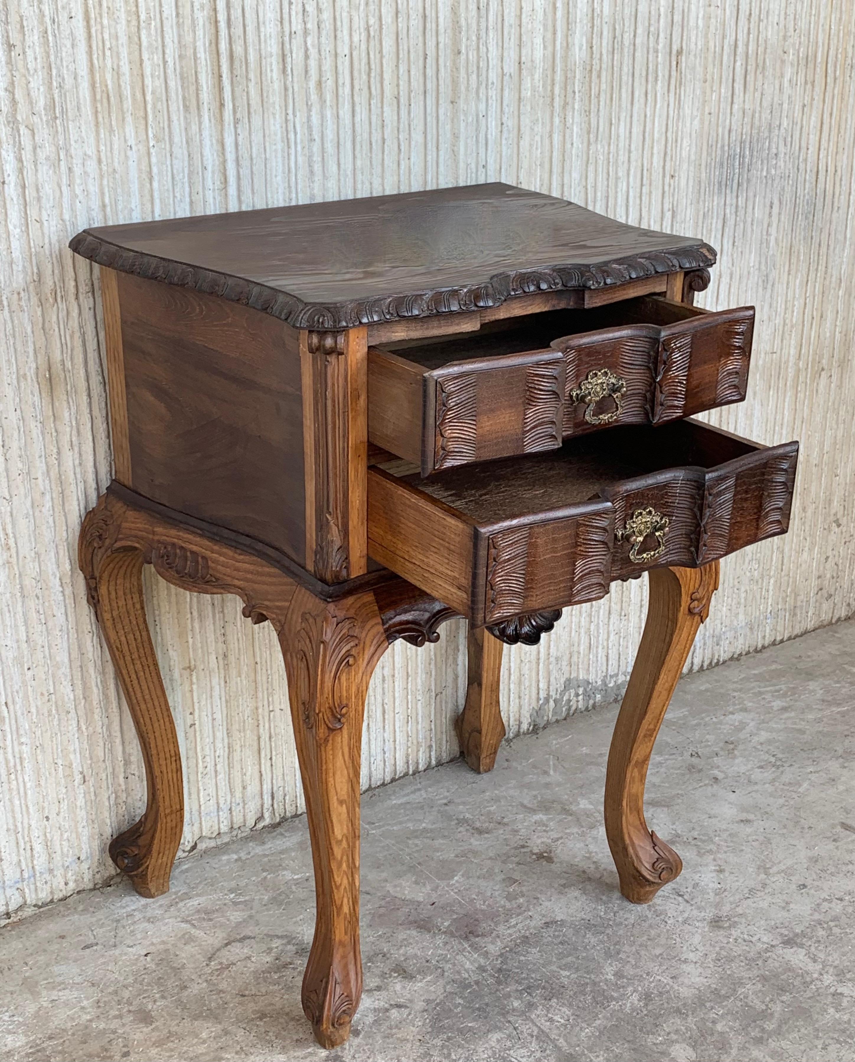 Chestnut Bedsides Tables with Carved Drawers and Cabriole Legs, France For Sale