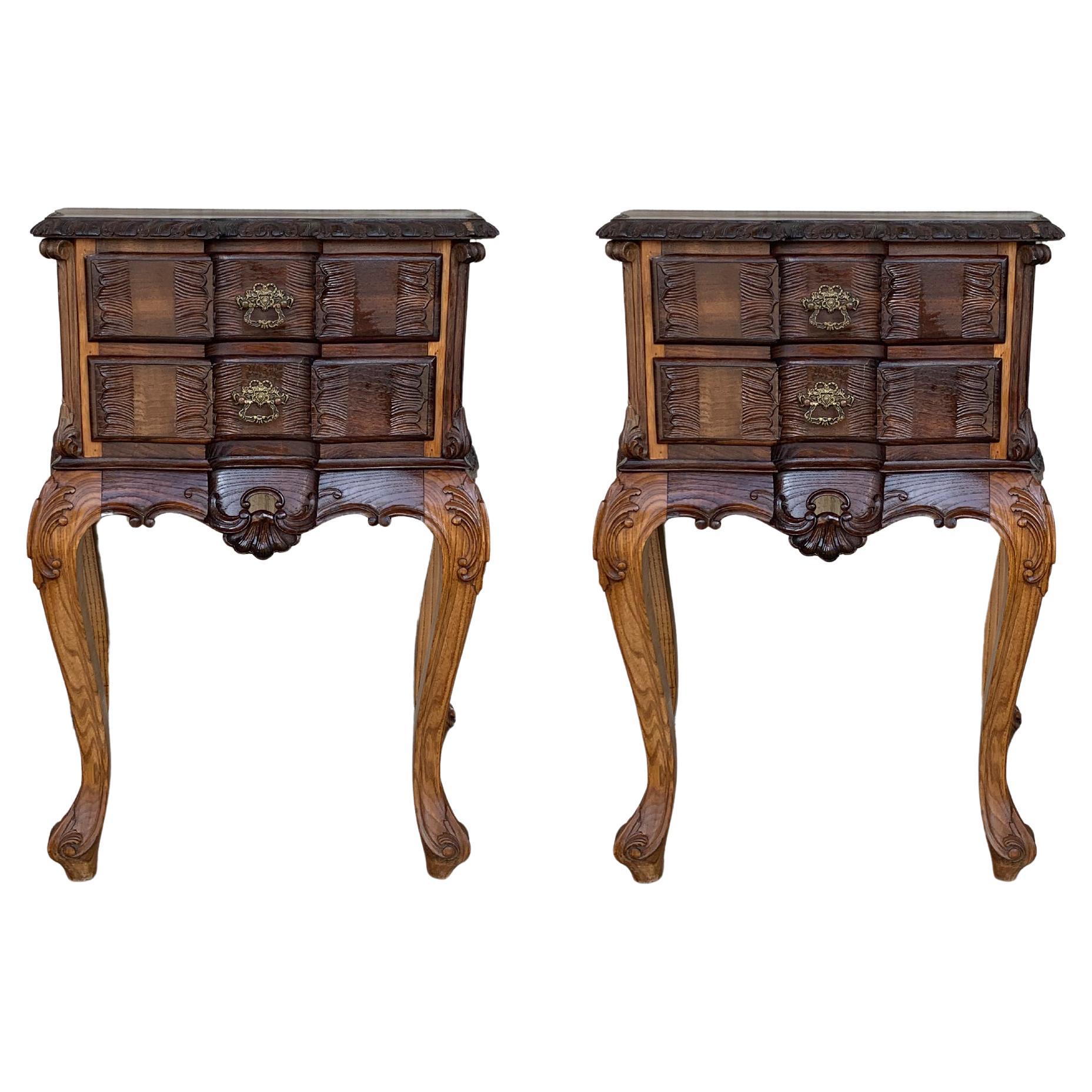 Bedsides Tables with Carved Drawers and Cabriole Legs, France
