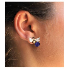 Bee 18 Karat Gold White & Black Diamonds Indigo Color Iolite Stone Stud Earrings